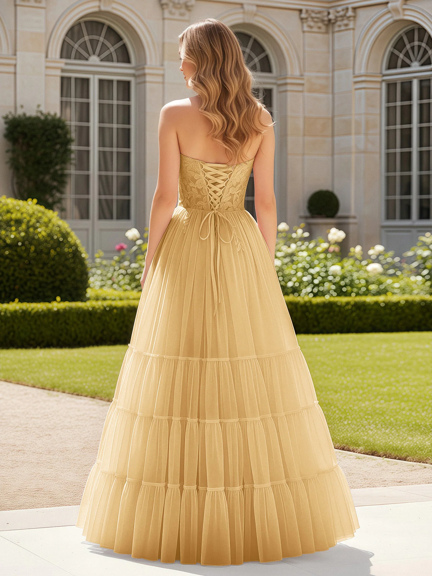 Sweetheart Appliqued Corset Tulle Dress With Slit Gold - Image 2