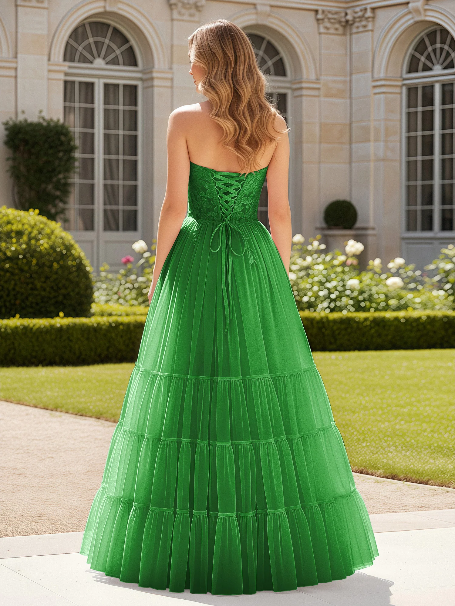 Sweetheart Appliqued Corset Tulle Dress With Slit Green - Image 2
