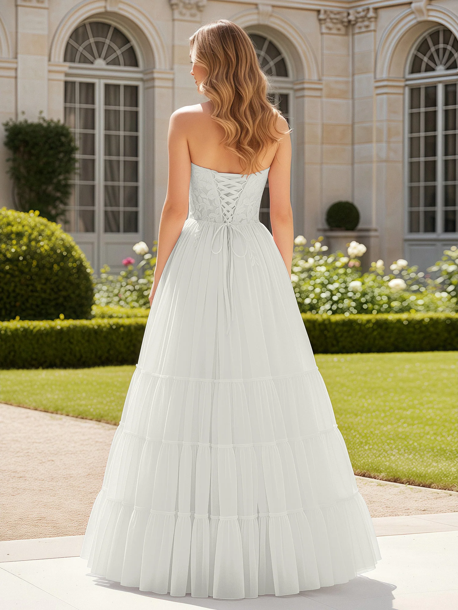 Sweetheart Appliqued Corset Tulle Dress With Slit  Ivory - Image 2