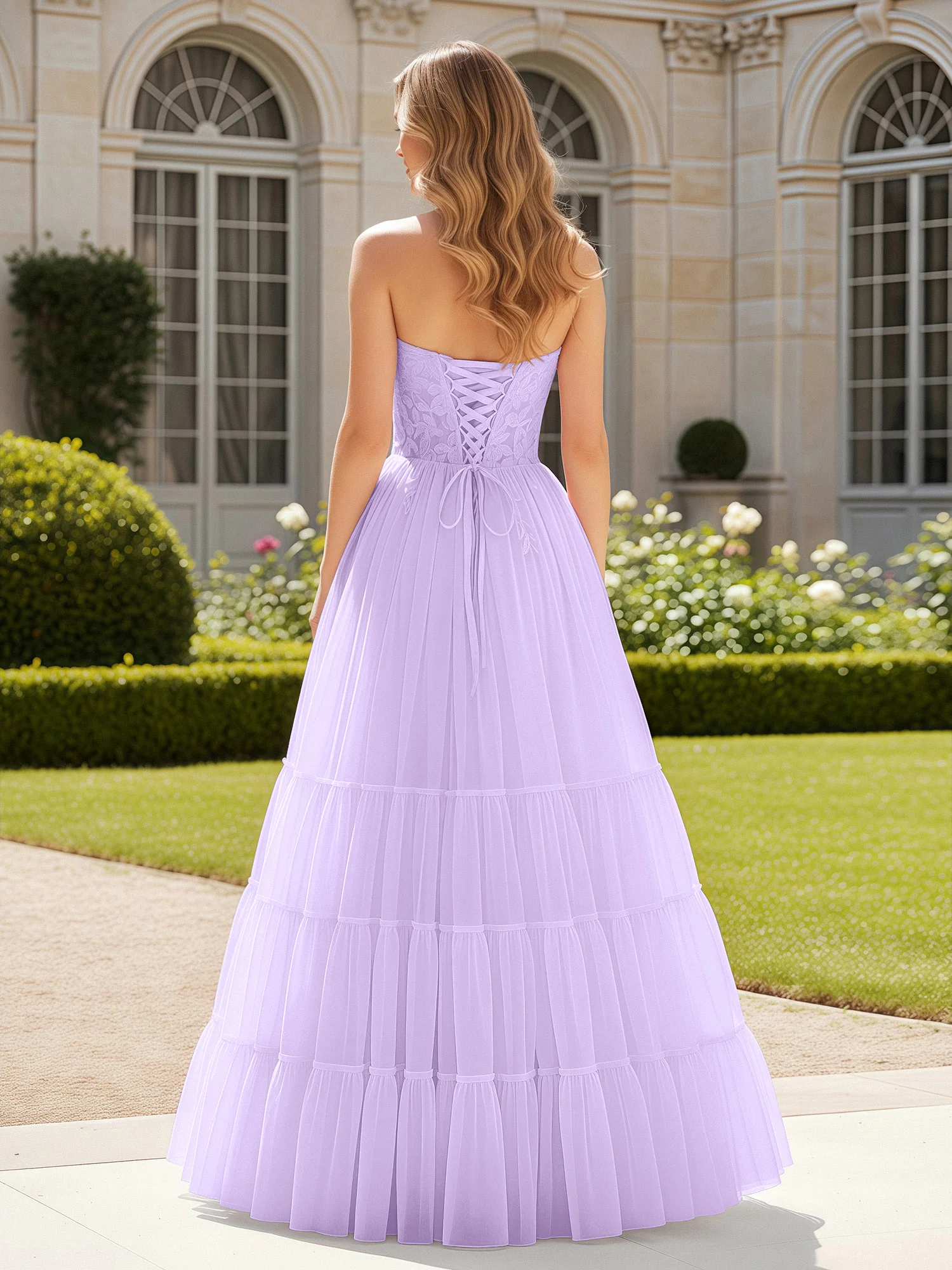 Sweetheart Appliqued Corset Tulle Dress With Slit  Lilac - Image 2