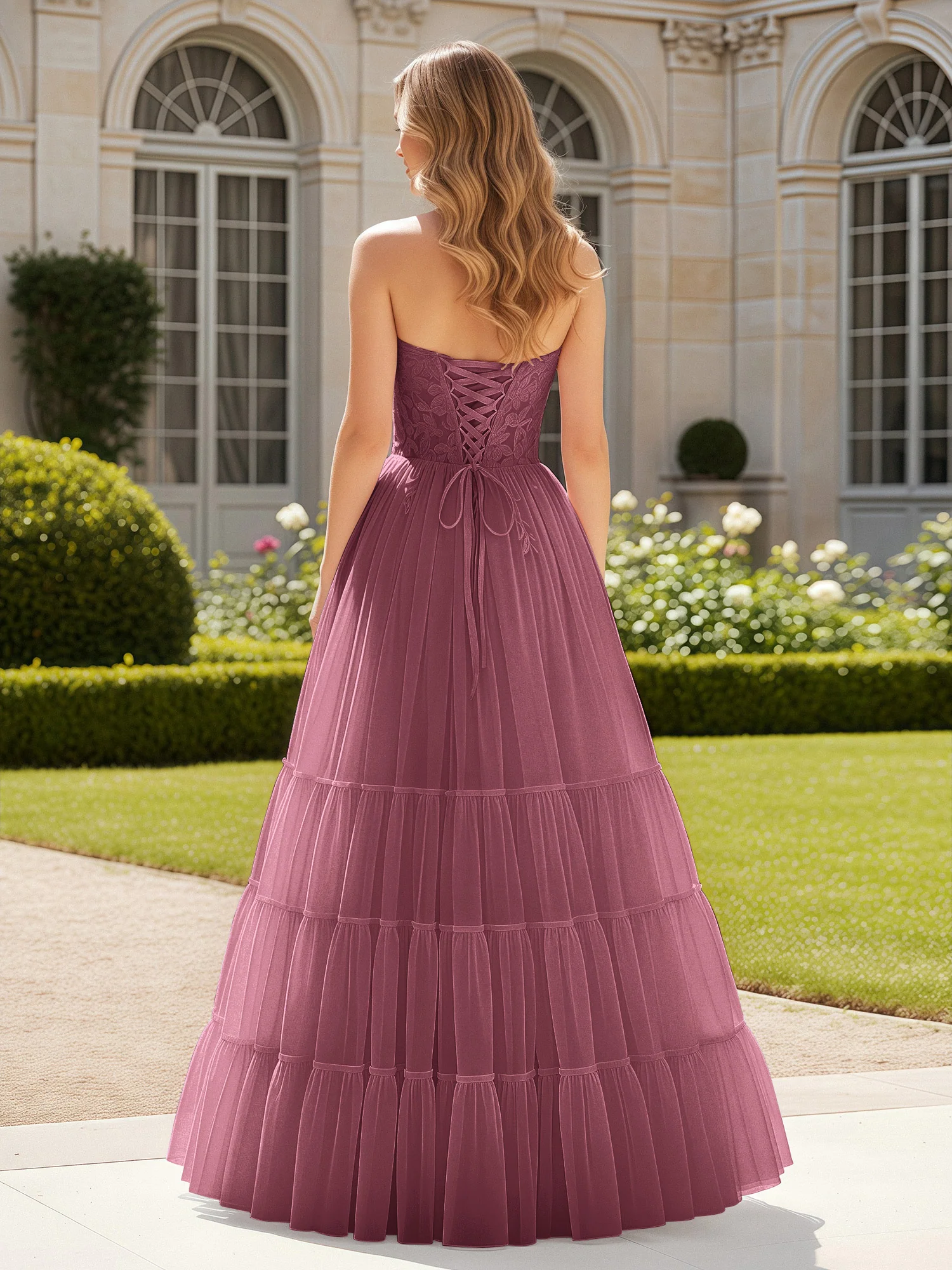 Sweetheart Appliqued Corset Tulle Dress With Slit  Mulberry - Image 2