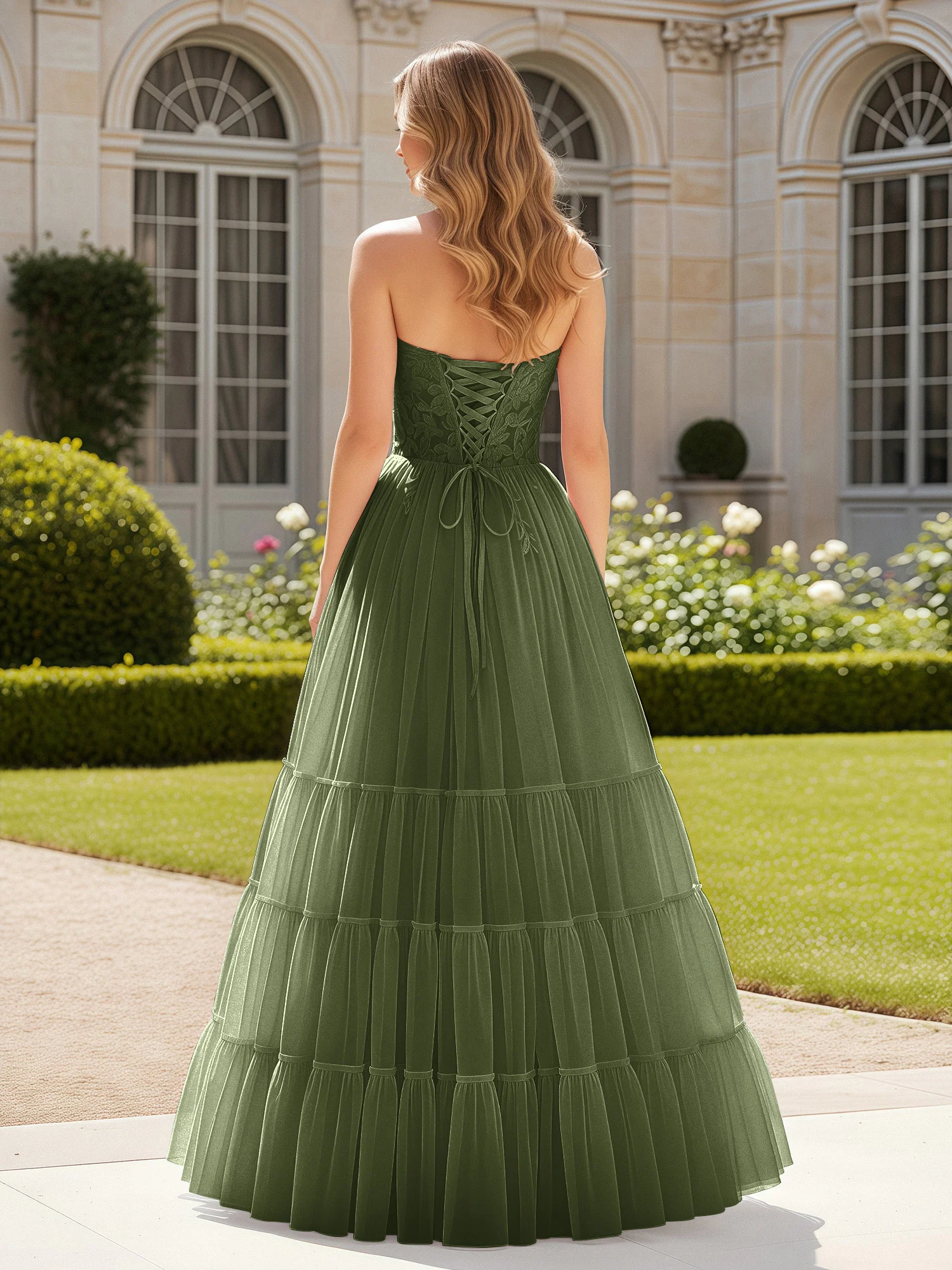 Sweetheart Appliqued Corset Tulle Dress With Slit  Olive Green - Image 2