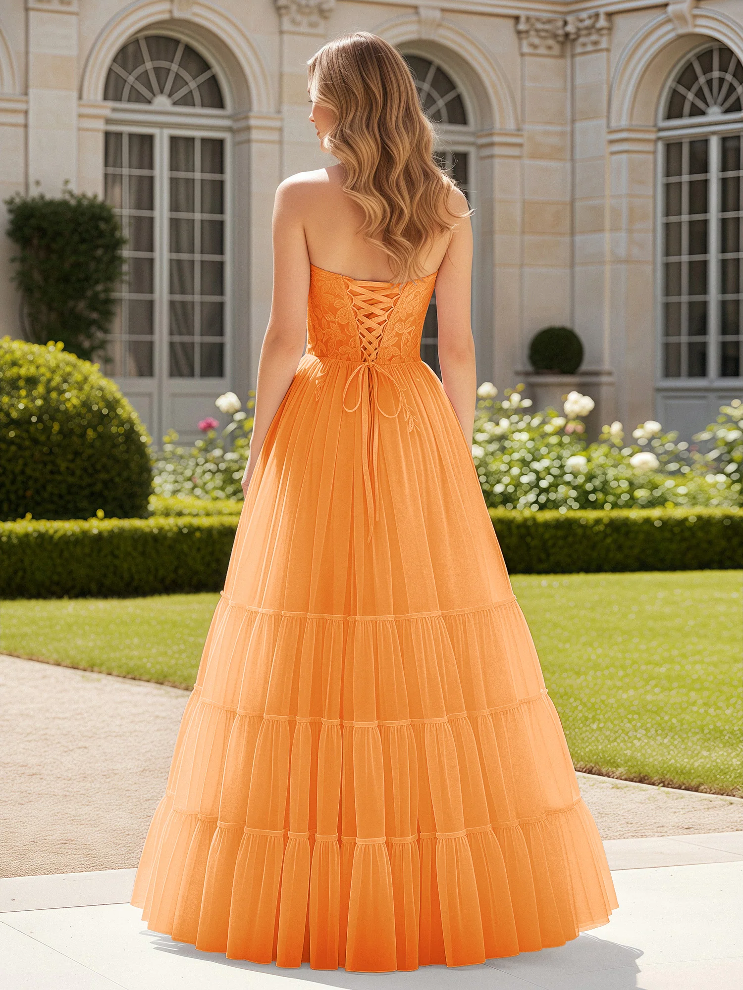 Sweetheart Appliqued Corset Tulle Dress With Slit  Orange - Image 2