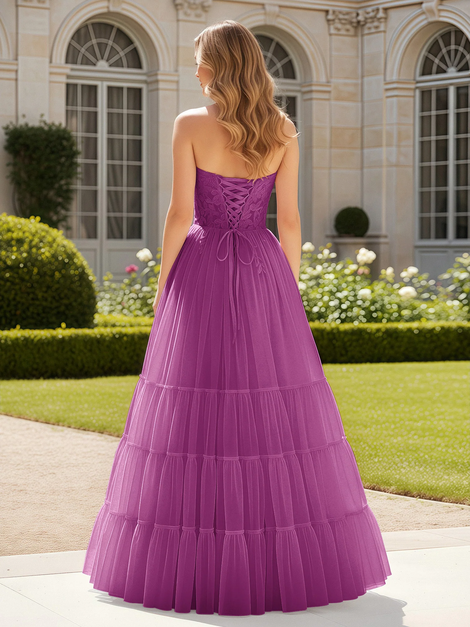Sweetheart Appliqued Corset Tulle Dress With Slit  Orchid - Image 2