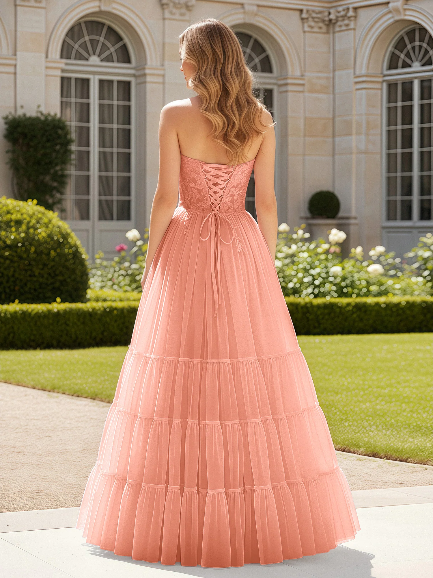 Sweetheart Appliqued Corset Tulle Dress With Slit  Papaya - Image 2