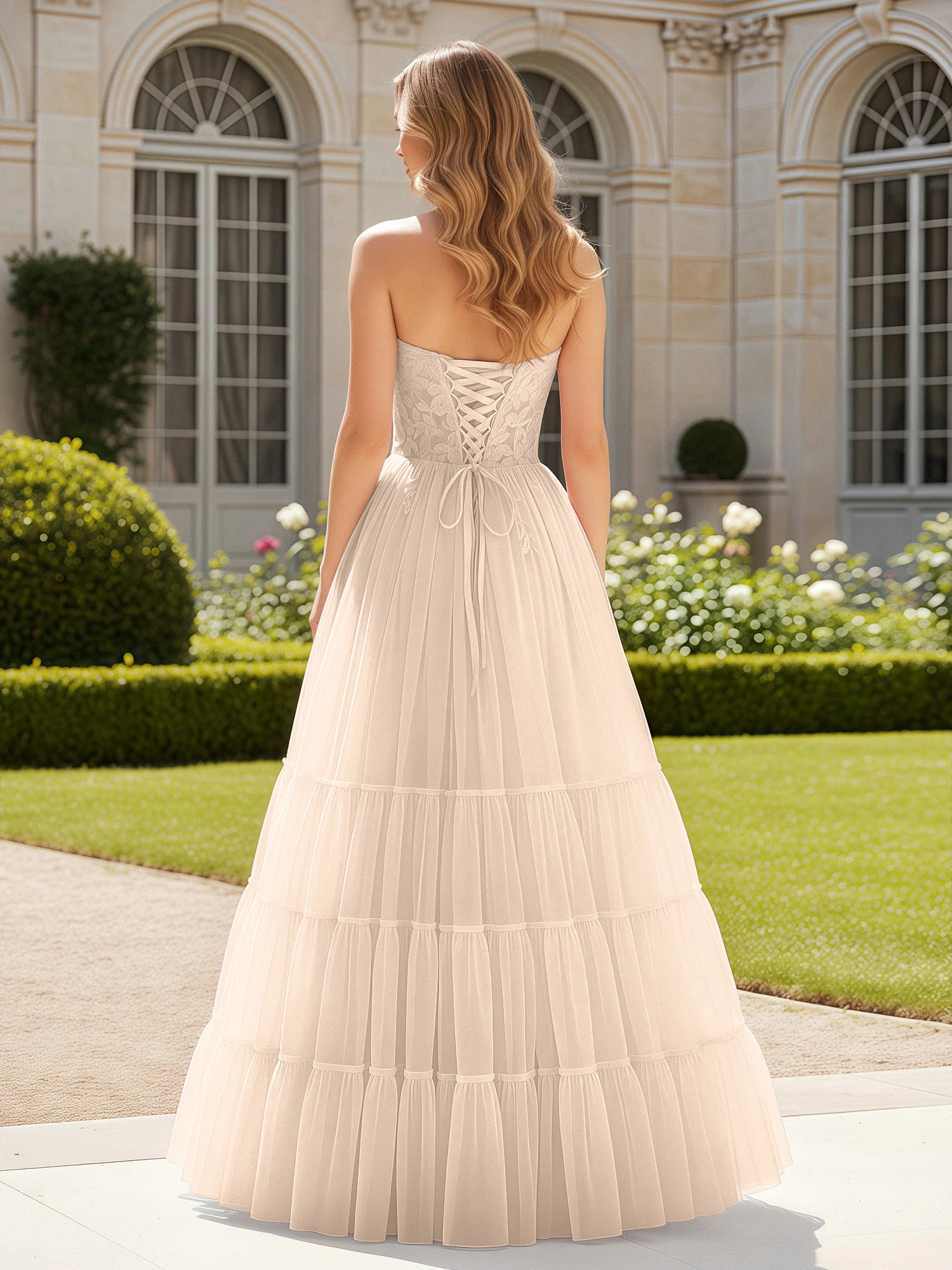 Sweetheart Appliqued Corset Tulle Dress With Slit  Peach - Image 2