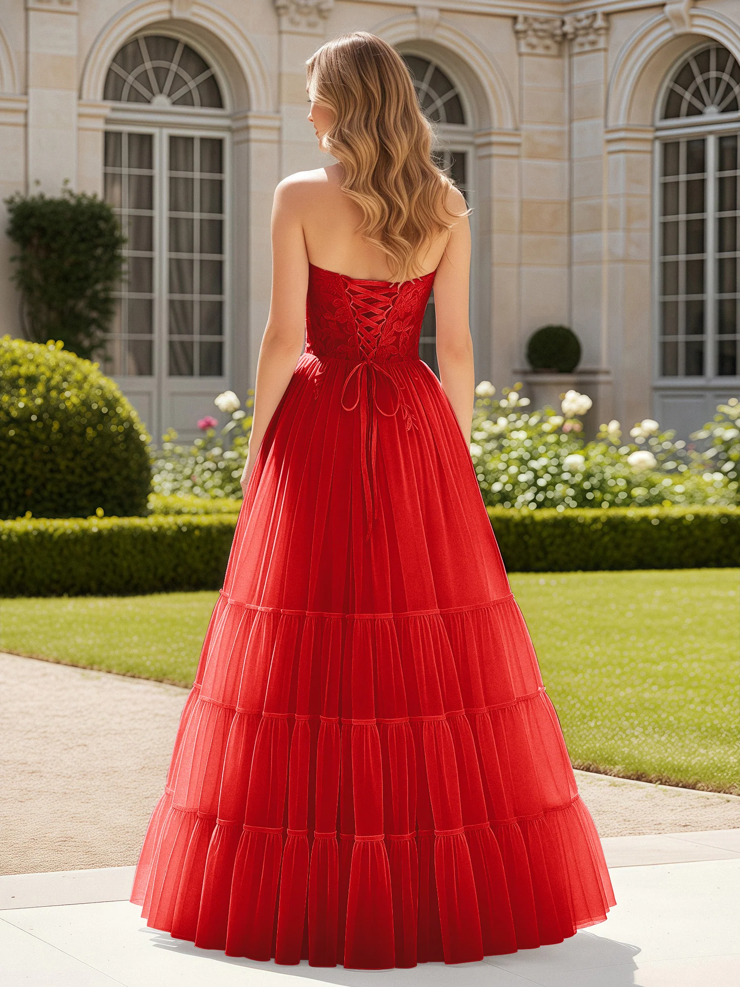 Sweetheart Appliqued Corset Tulle Dress With Slit Red - Image 2