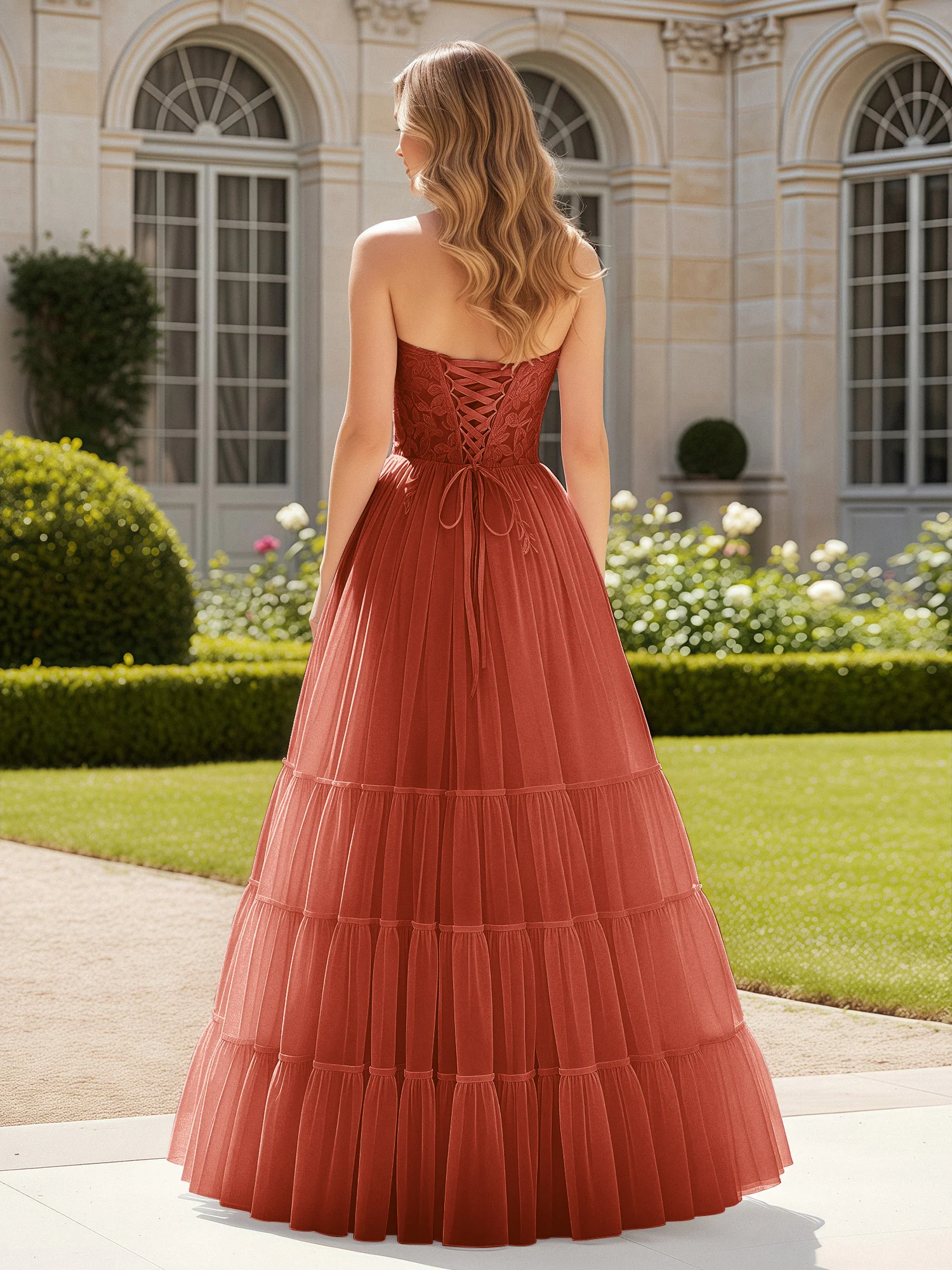 Sweetheart Appliqued Corset Tulle Dress With Slit  Rust - Image 2