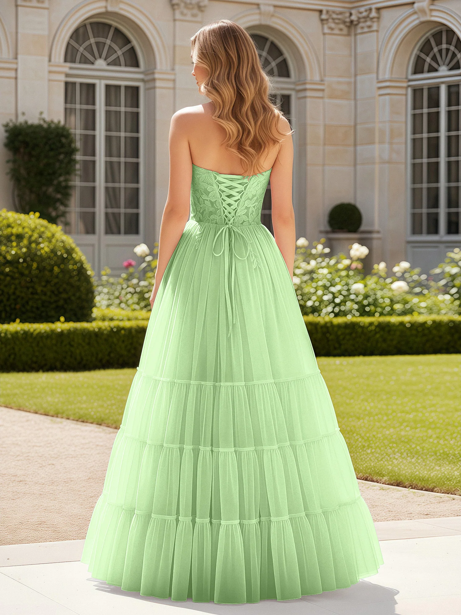 Sweetheart Appliqued Corset Tulle Dress With Slit  Sage - Image 2