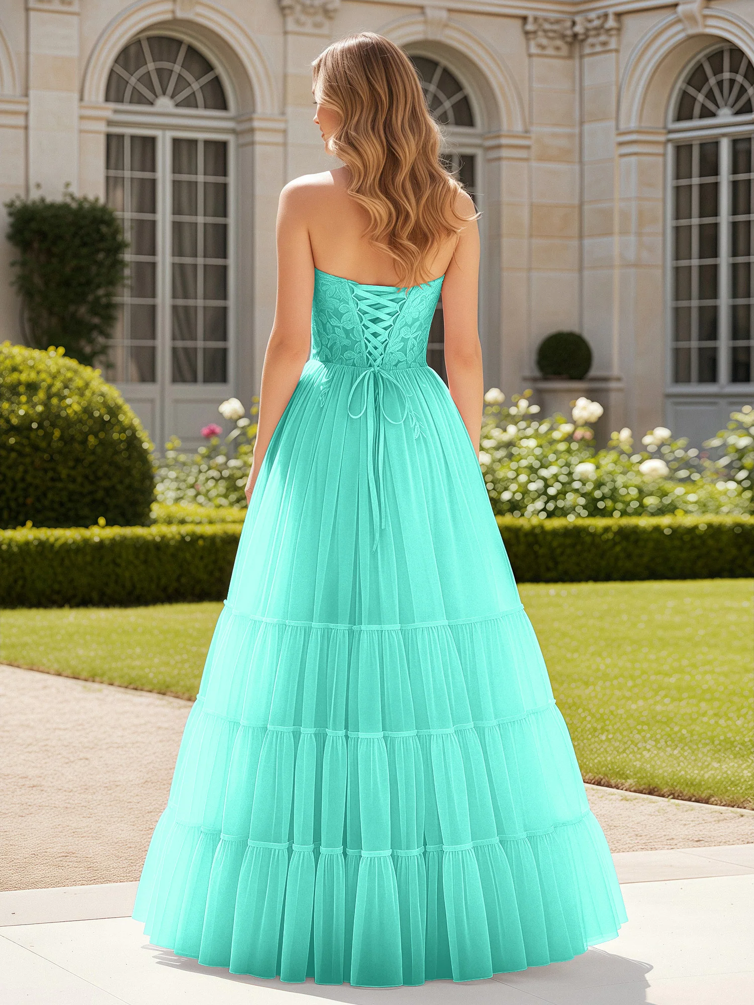 Sweetheart Appliqued Corset Tulle Dress With Slit  Spa - Image 2