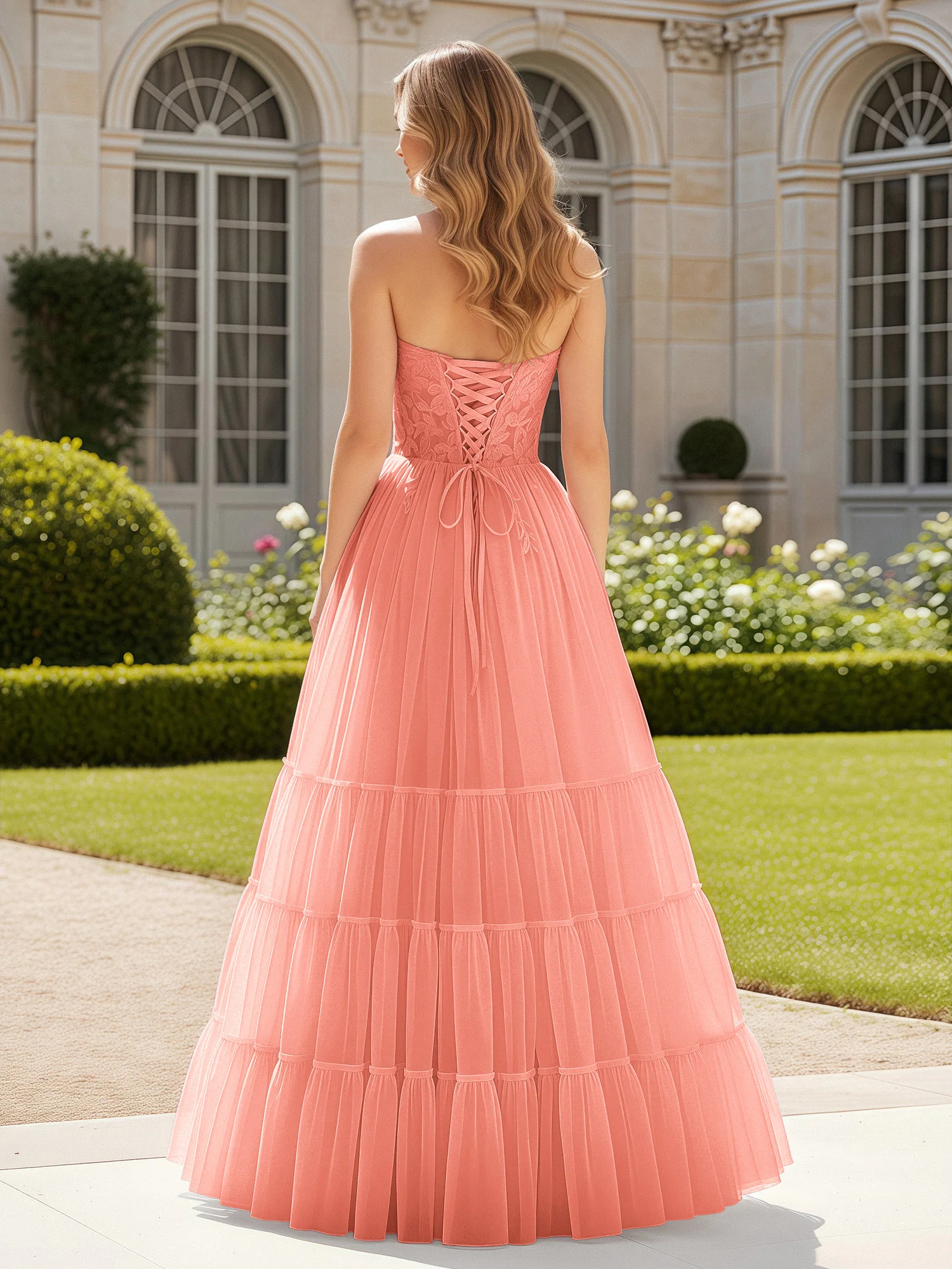 Sweetheart Appliqued Corset Tulle Dress With Slit Sunset - Image 2