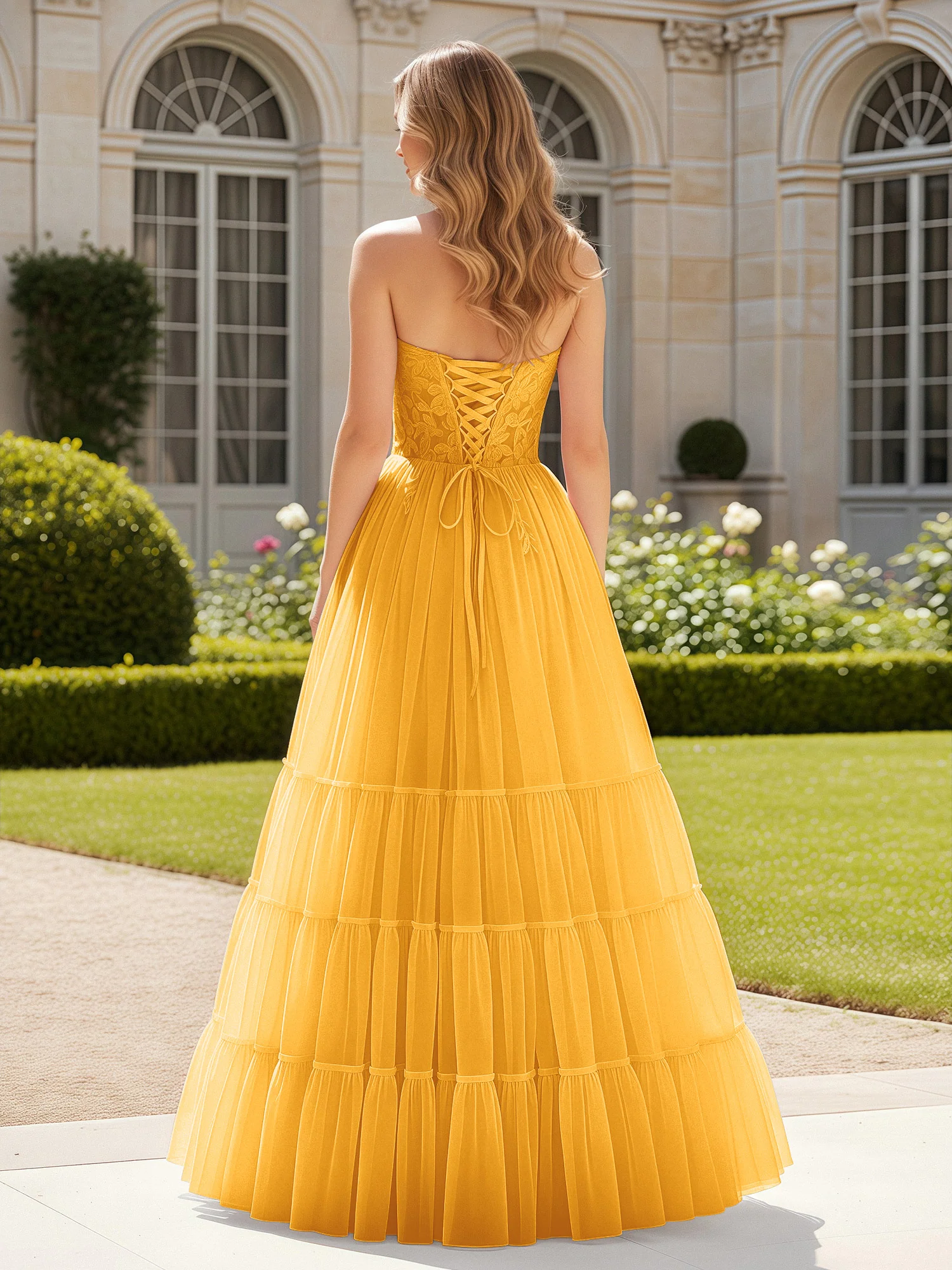Sweetheart Appliqued Corset Tulle Dress With Slit  Tangerine - Image 2