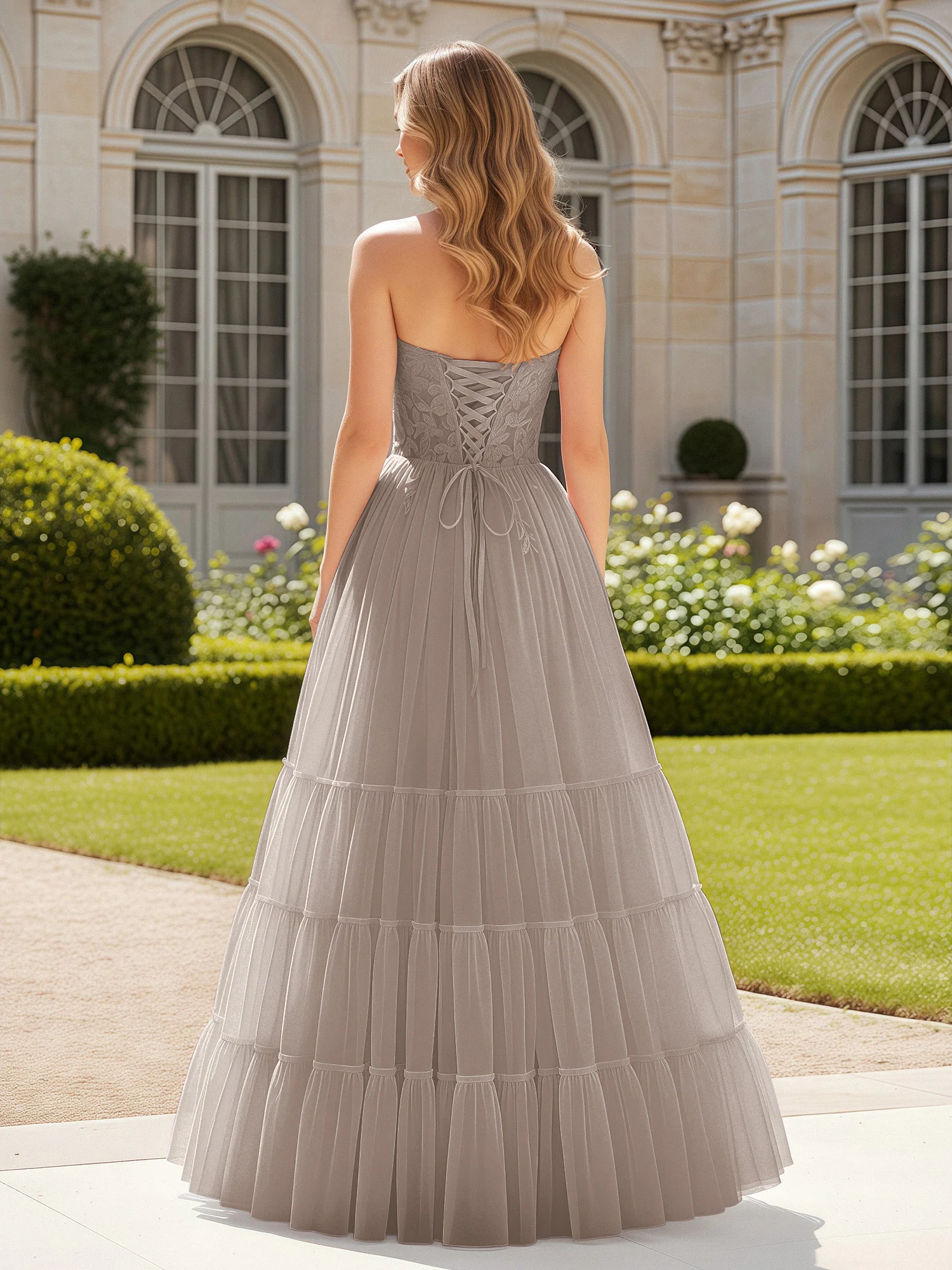 Sweetheart Appliqued Corset Tulle Dress With Slit  Taupe - Image 2