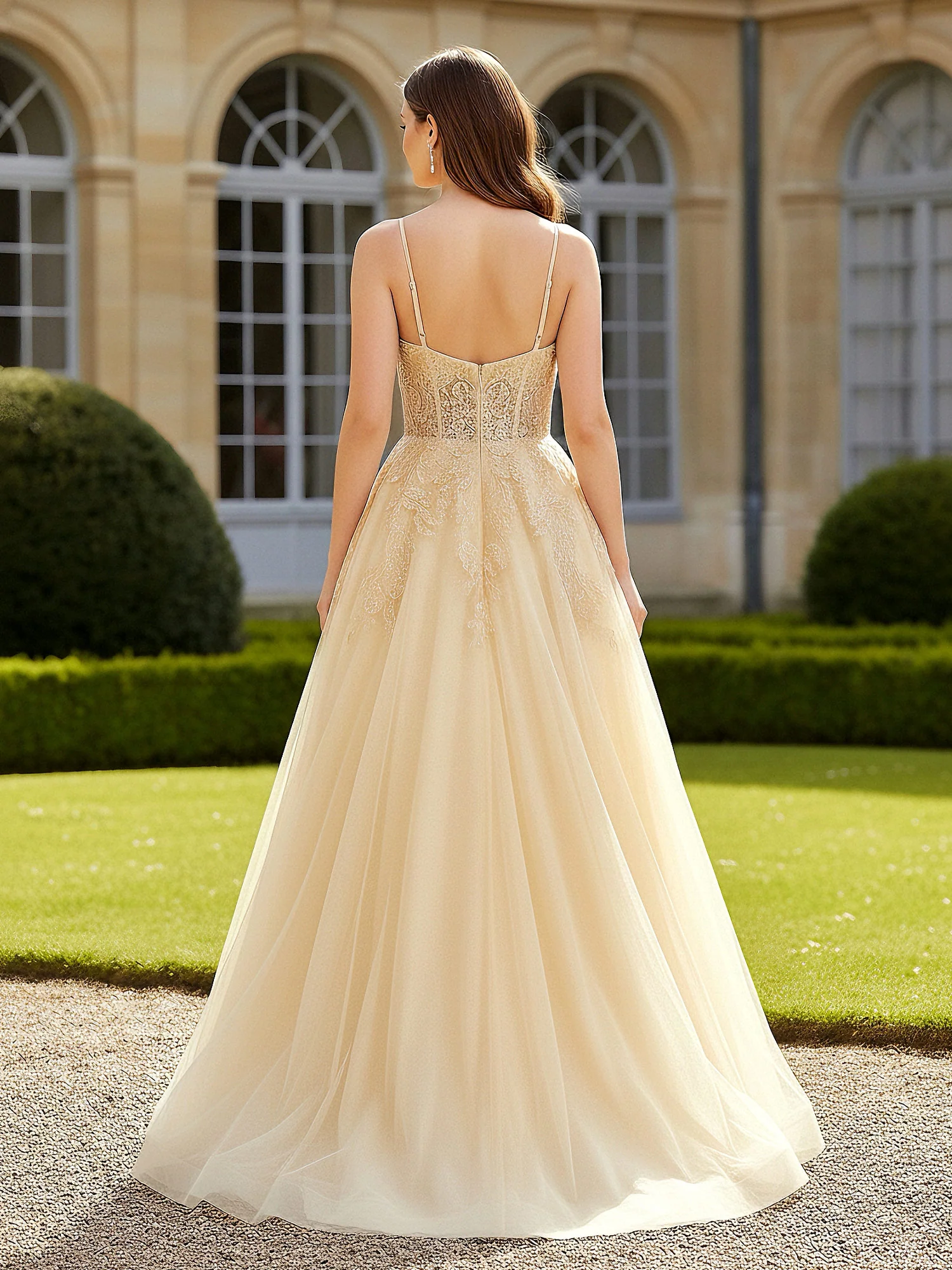 Sweetheart Appliqued Corset Tulle Gown Champagne - Image 2