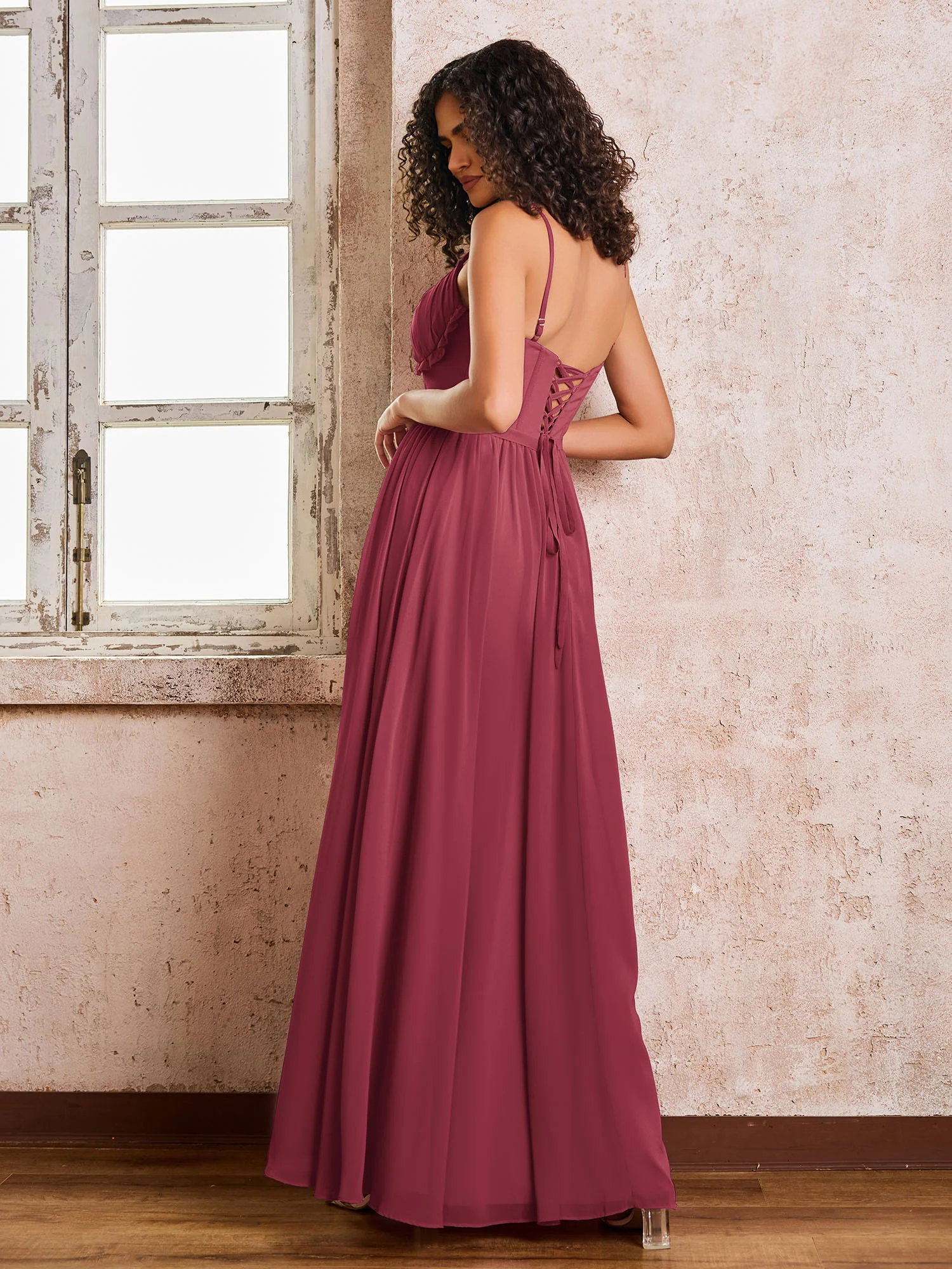 Sweetheart Chiffon Dresses With Back Criss-Cross Spaghetti Straps Cinnamon Rose - Image 2