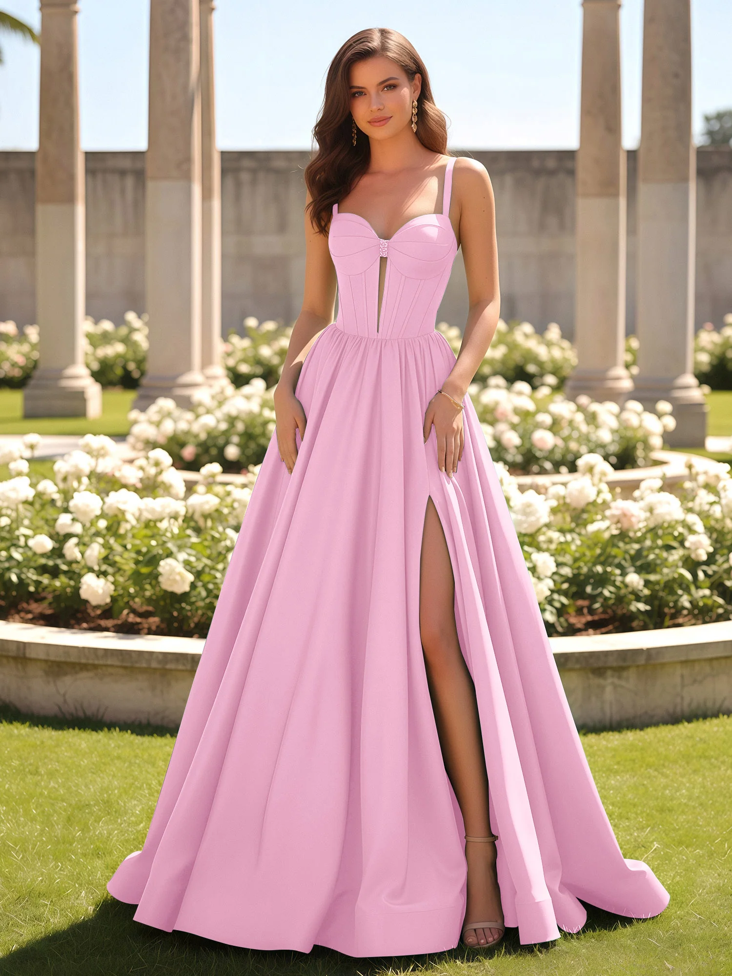 Sweetheart Cutout A-Line Ruched Dress With Slit Candy Pink