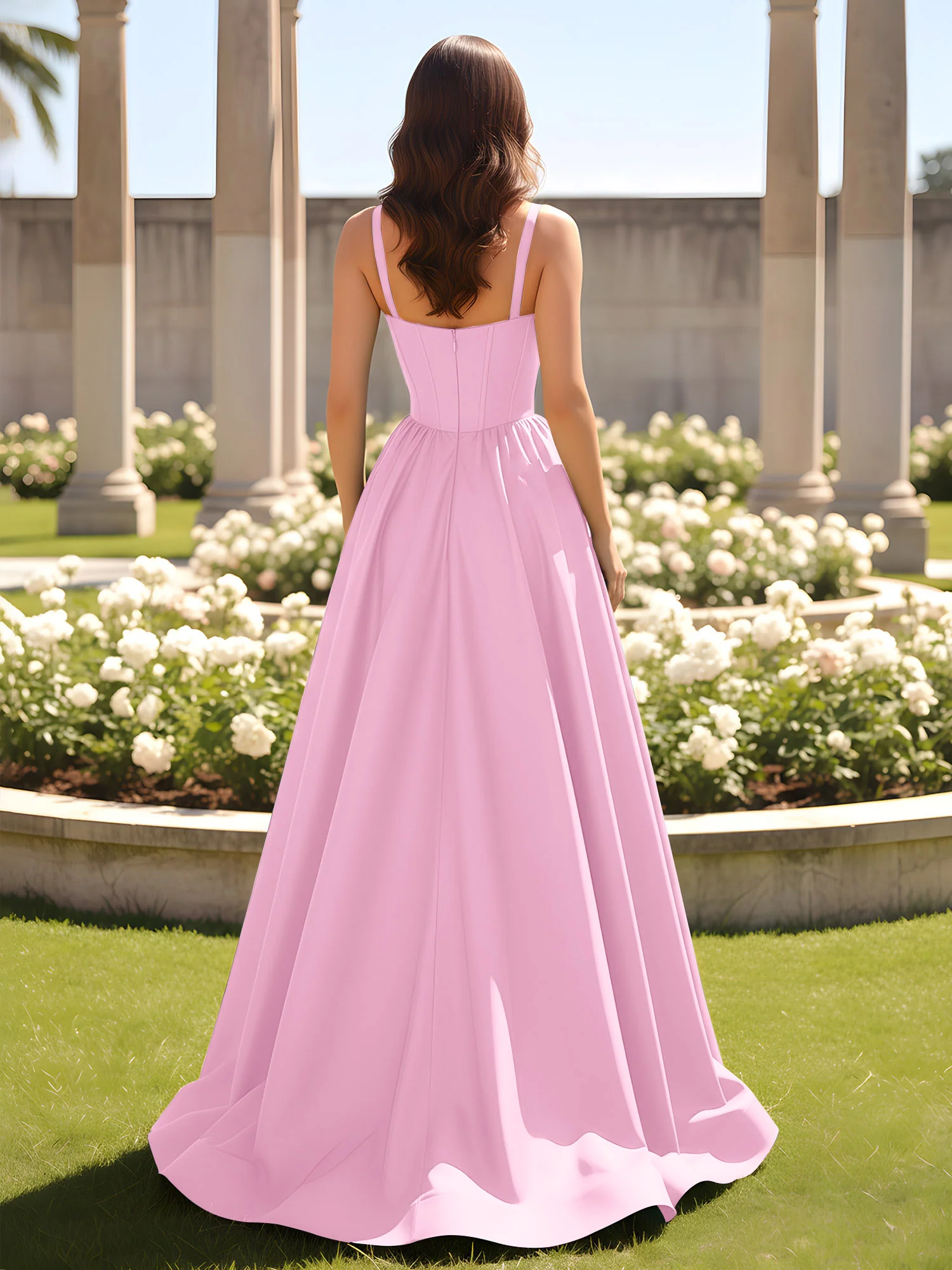 Sweetheart Cutout A-Line Ruched Dress With Slit Candy Pink - Image 2