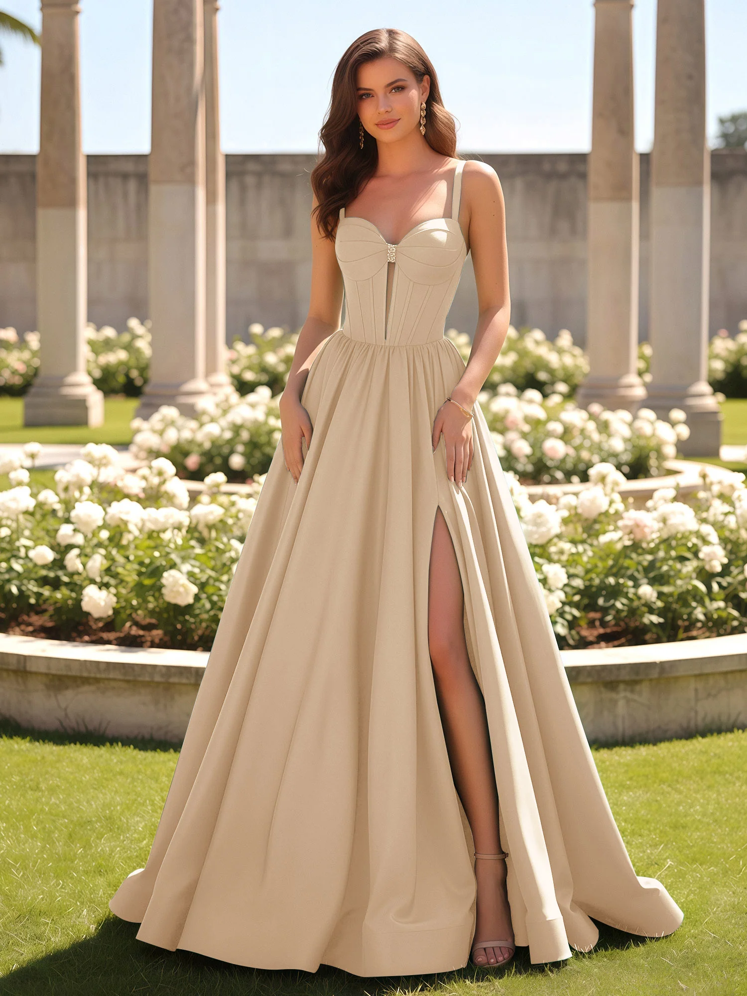 Sweetheart Cutout A-Line Ruched Dress With Slit Champagne
