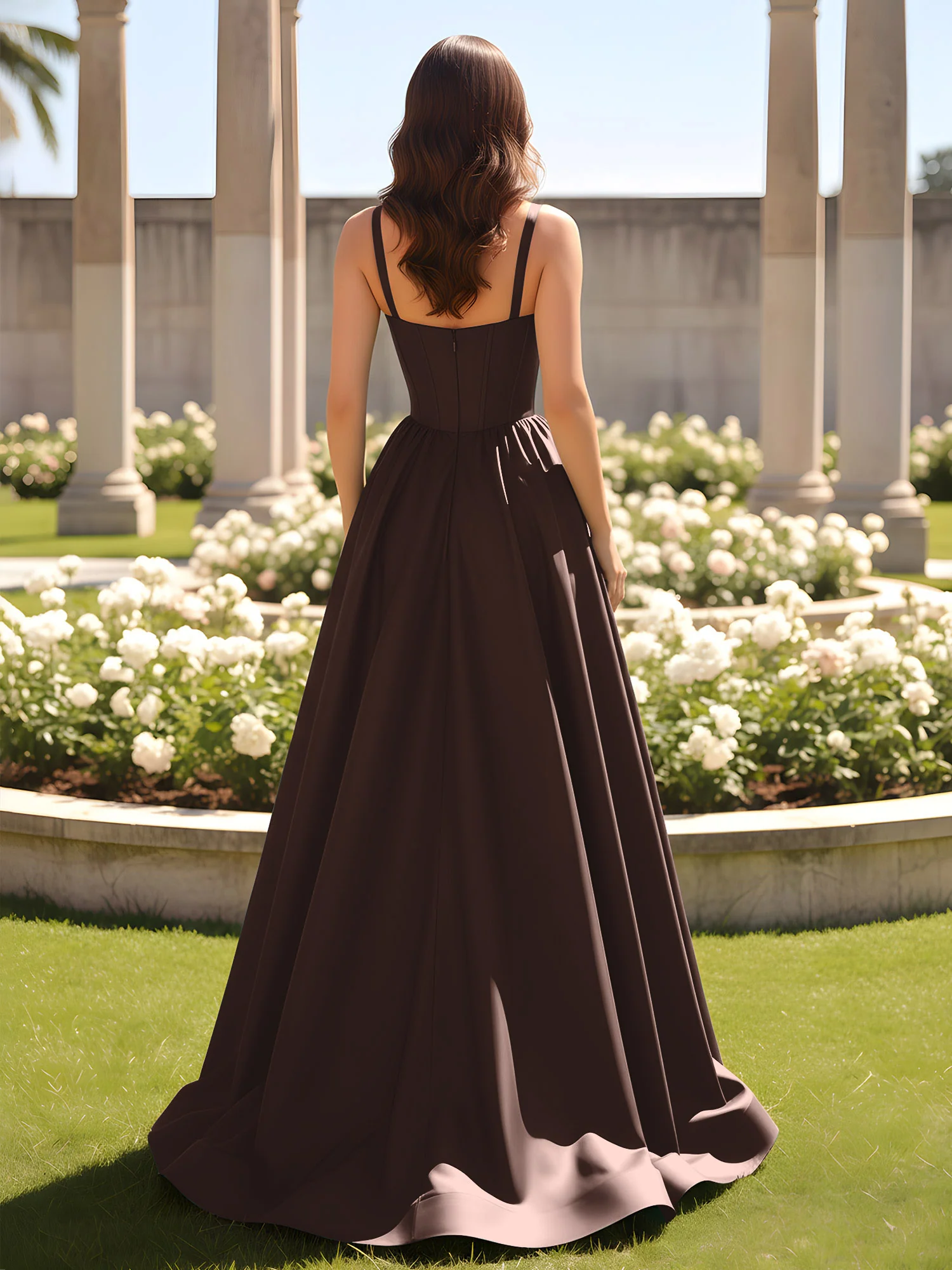 Sweetheart Cutout A-Line Ruched Dress With Slit Chocolate - Image 2