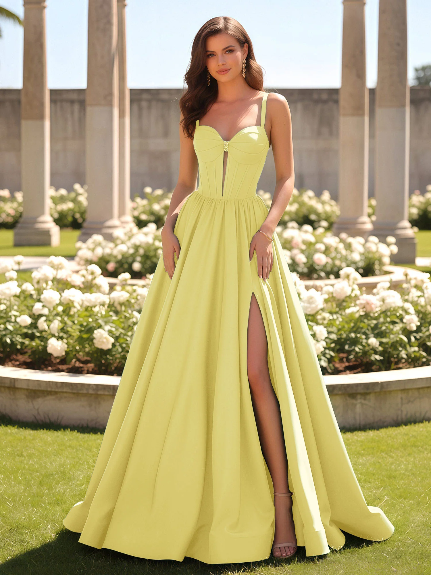 Sweetheart Cutout A-Line Ruched Dress With Slit Daffodil
