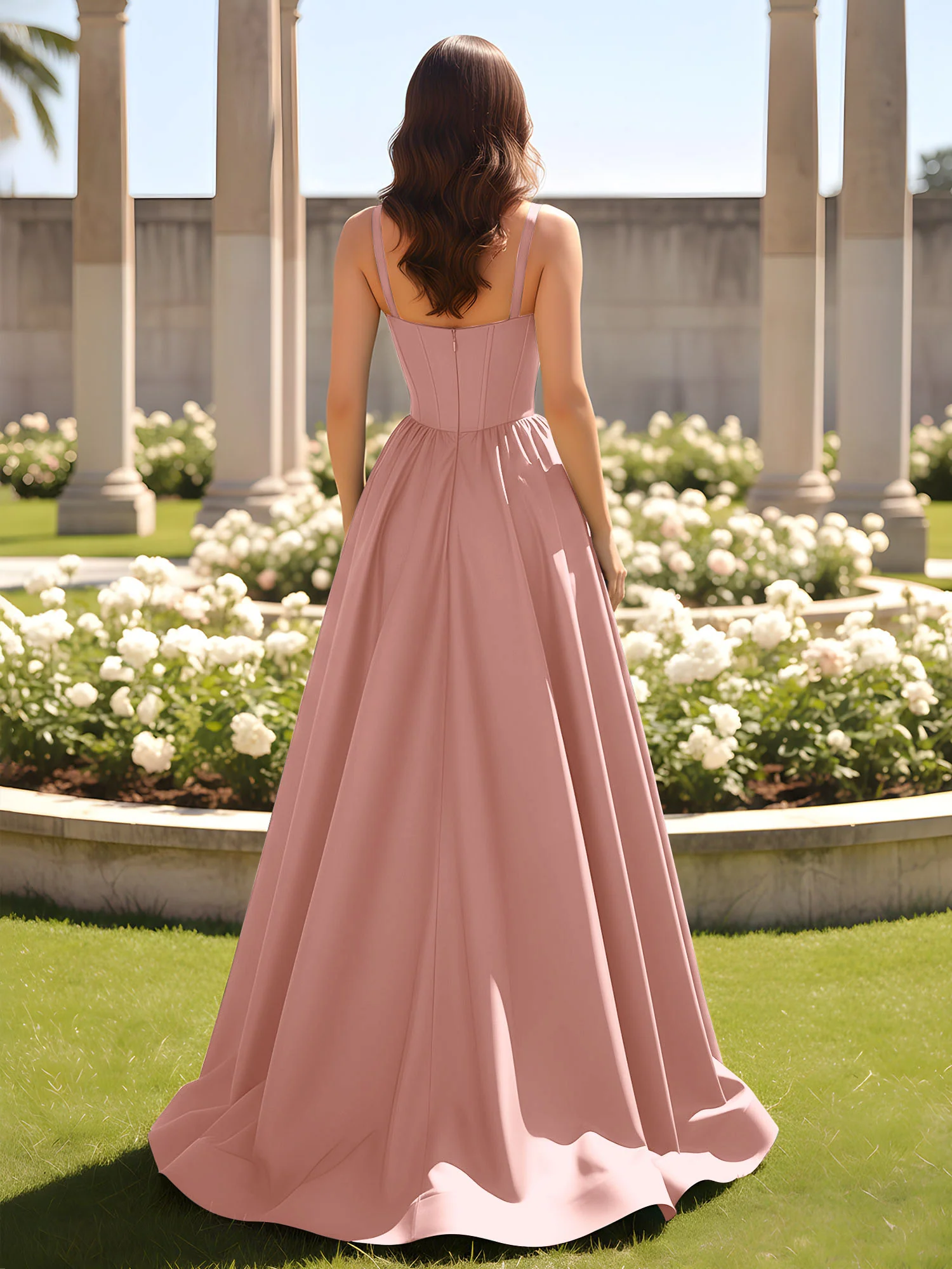 Sweetheart Cutout A-Line Ruched Dress With Slit Dusty Rose - Image 2
