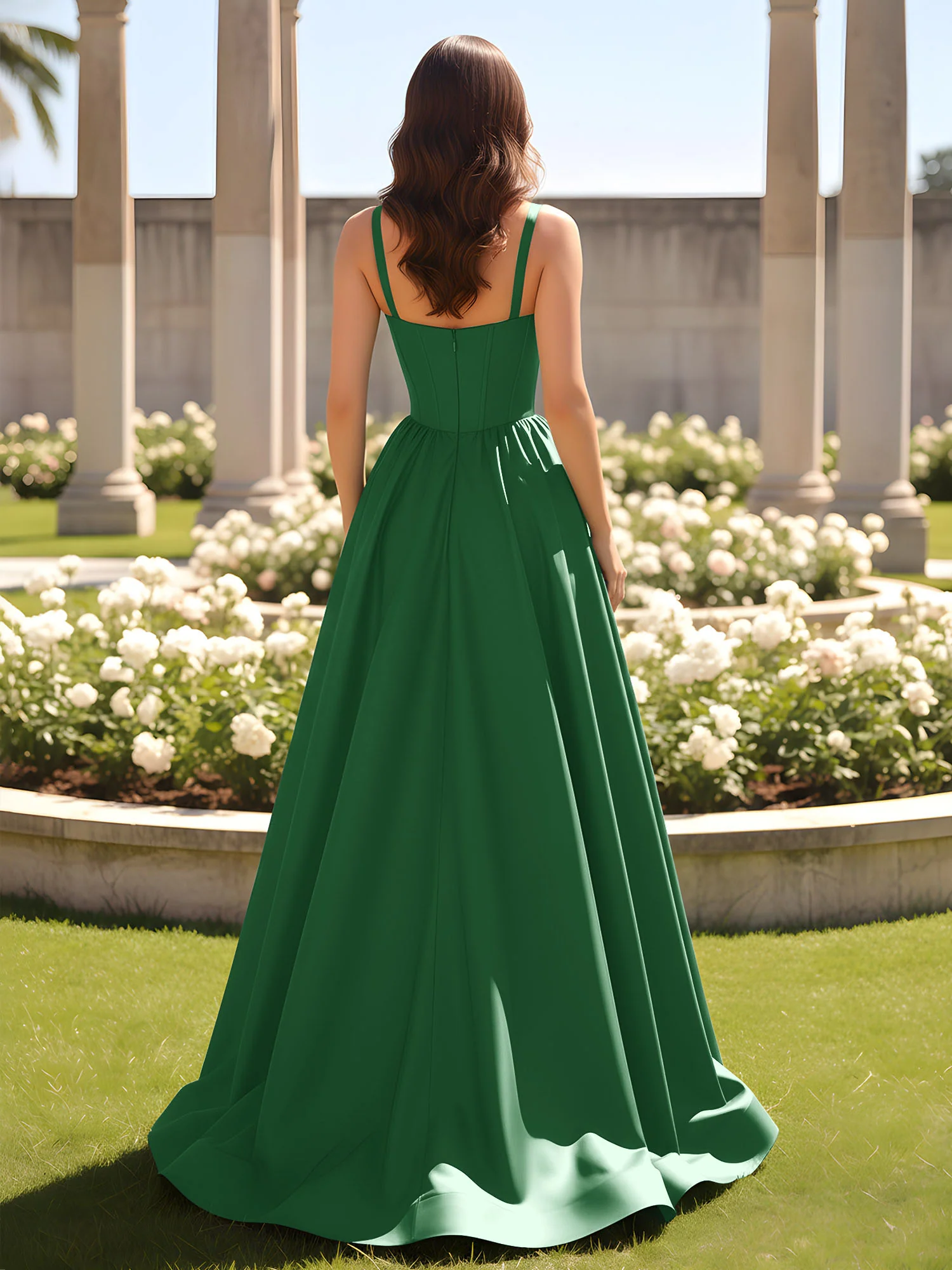 Sweetheart Cutout A-Line Ruched Dress With Slit Emerald - Image 2