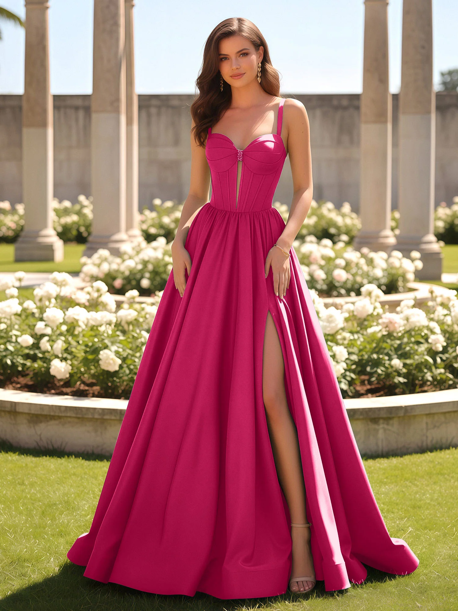 Sweetheart Cutout A-Line Ruched Dress With Slit Fuchsia