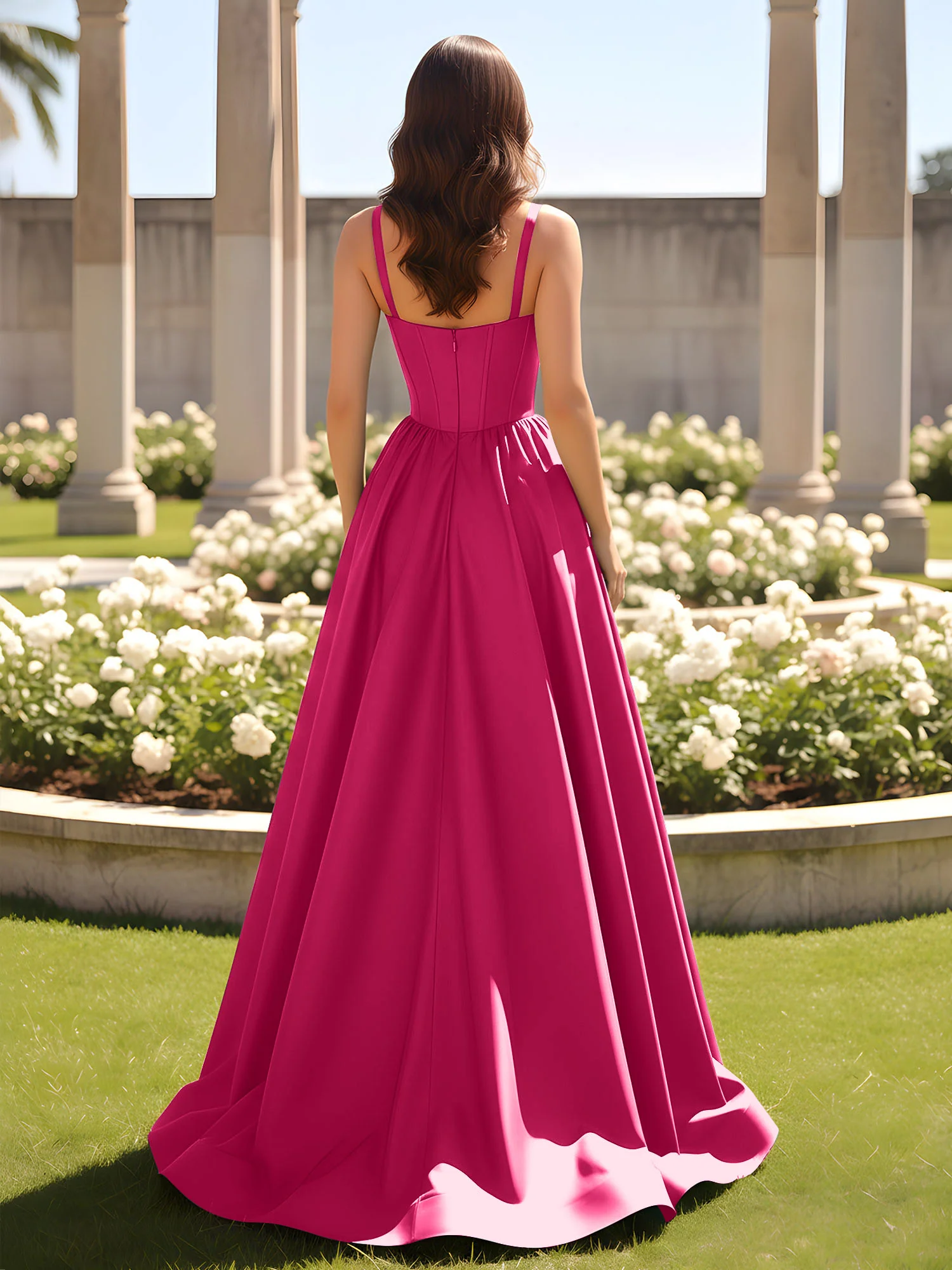 Sweetheart Cutout A-Line Ruched Dress With Slit Fuchsia - Image 2