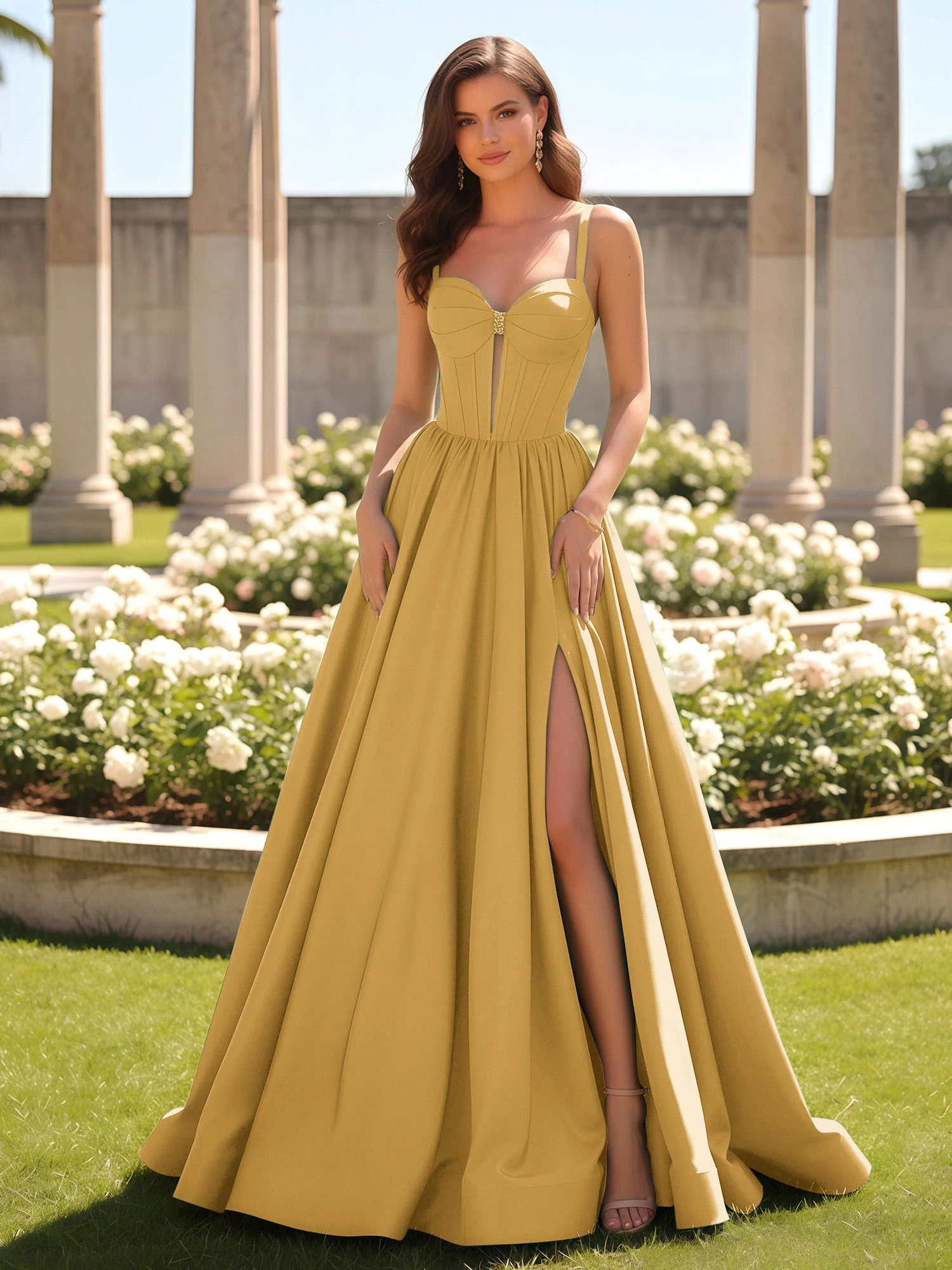 Sweetheart Cutout A-Line Ruched Dress With Slit Gold