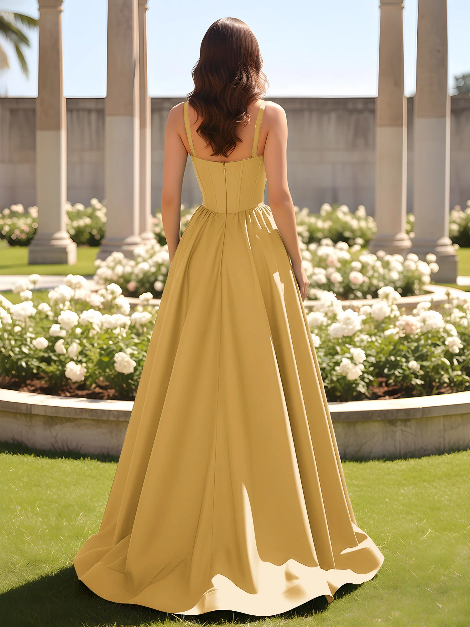 Sweetheart Cutout A-Line Ruched Dress With Slit Gold - Image 2
