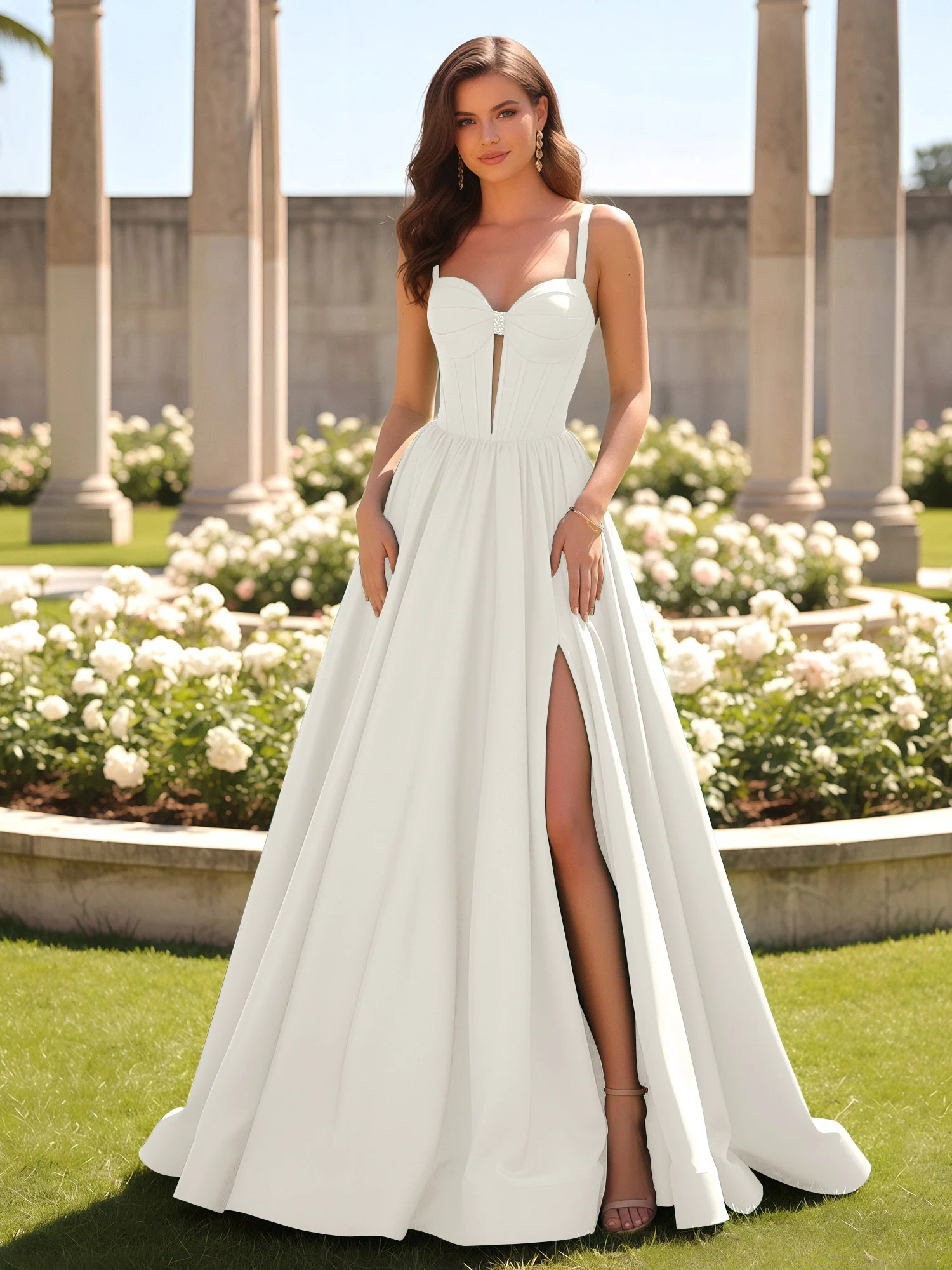 Sweetheart Cutout A-Line Ruched Dress With Slit Ivory