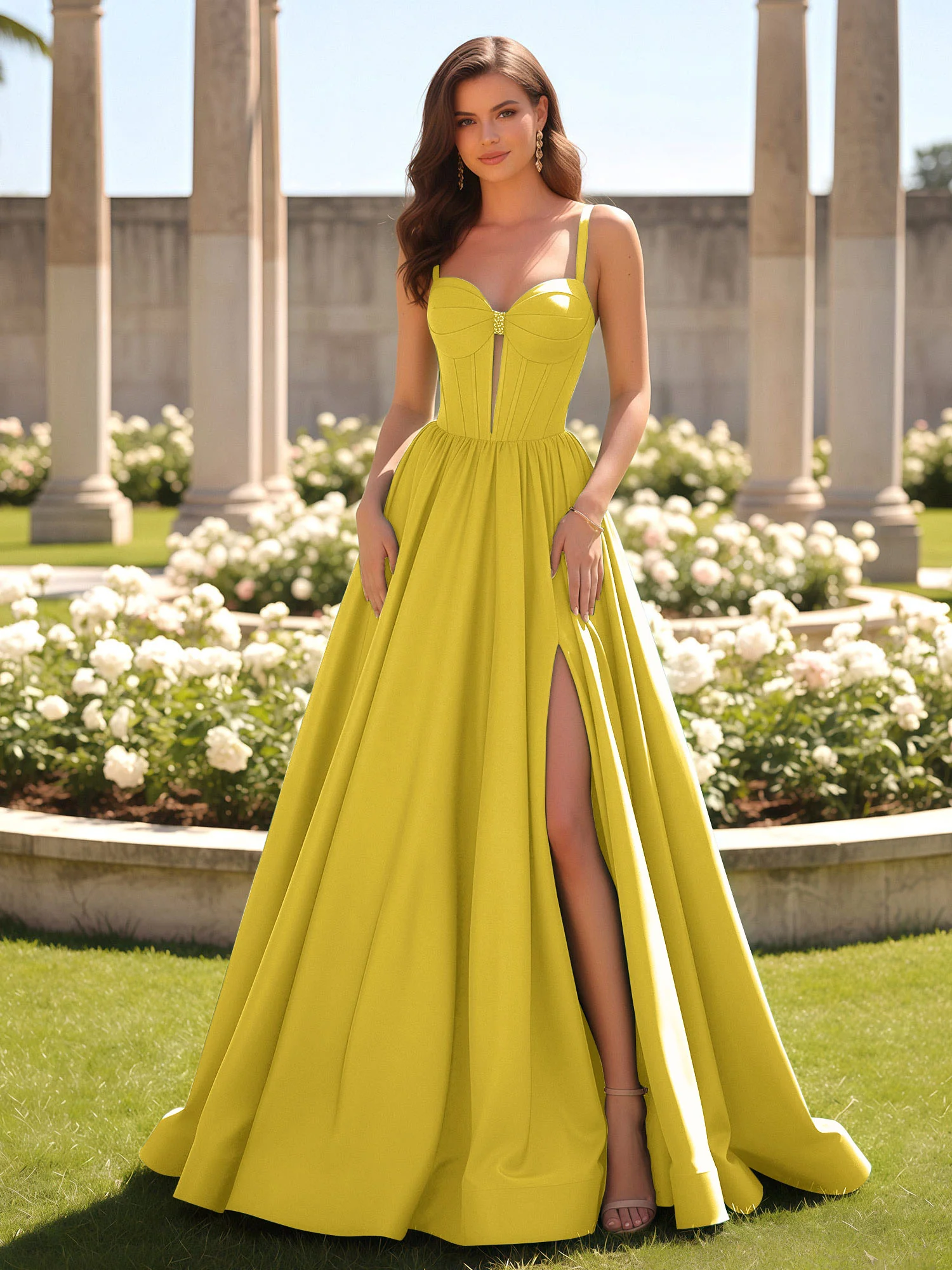 Sweetheart Cutout A-Line Ruched Dress With Slit Marigold