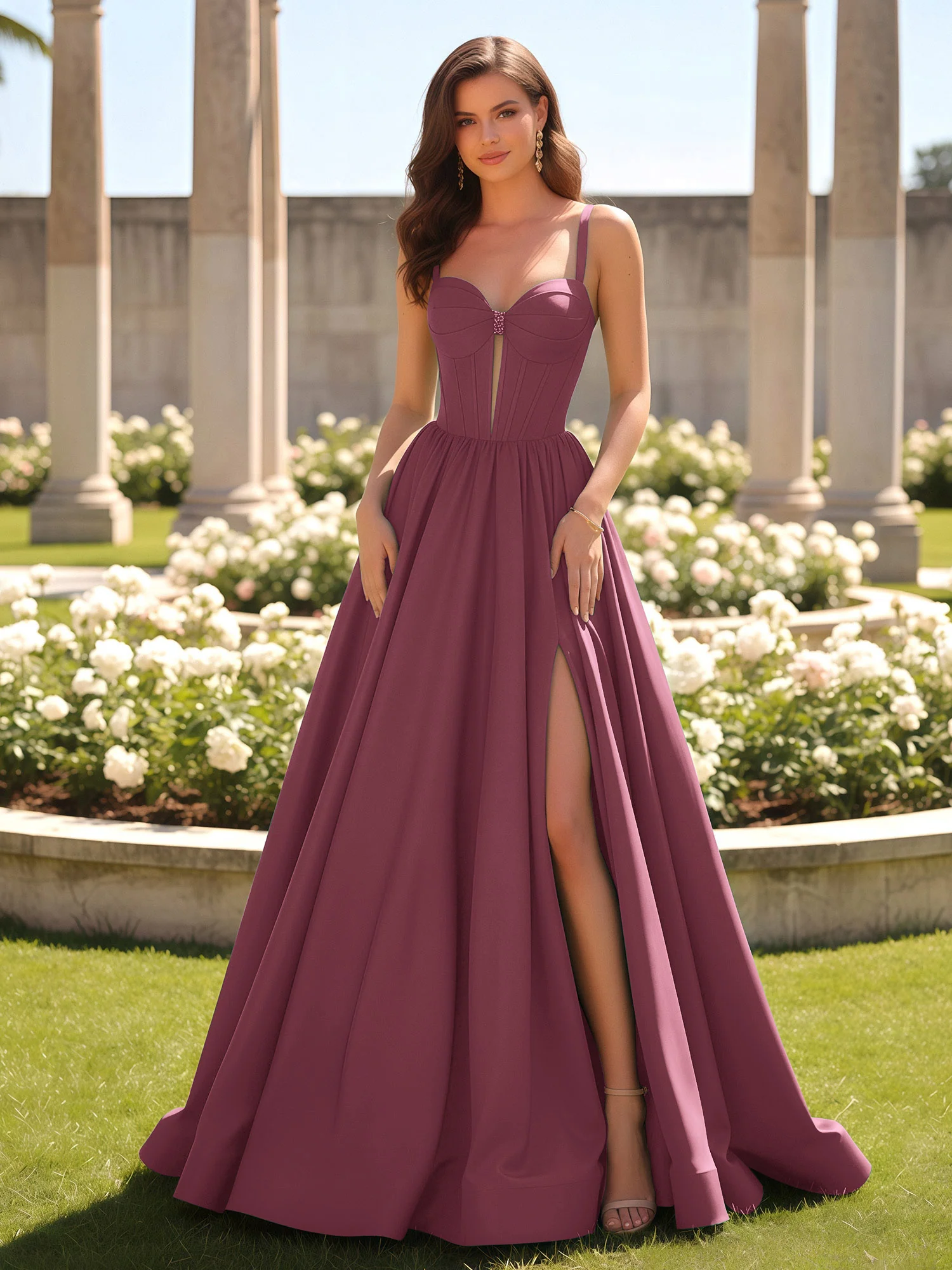 Sweetheart Cutout A-Line Ruched Dress With Slit Mulberry