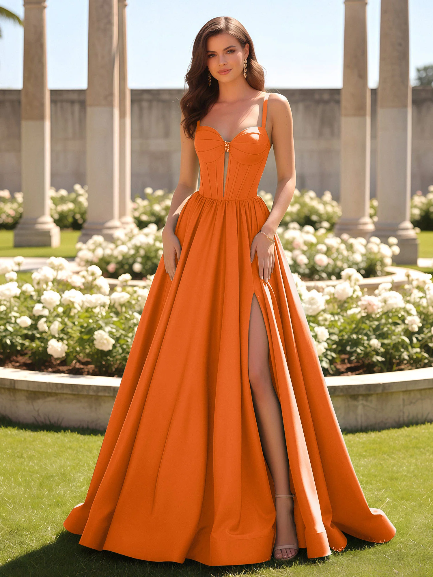 Sweetheart Cutout A-Line Ruched Dress With Slit Orange