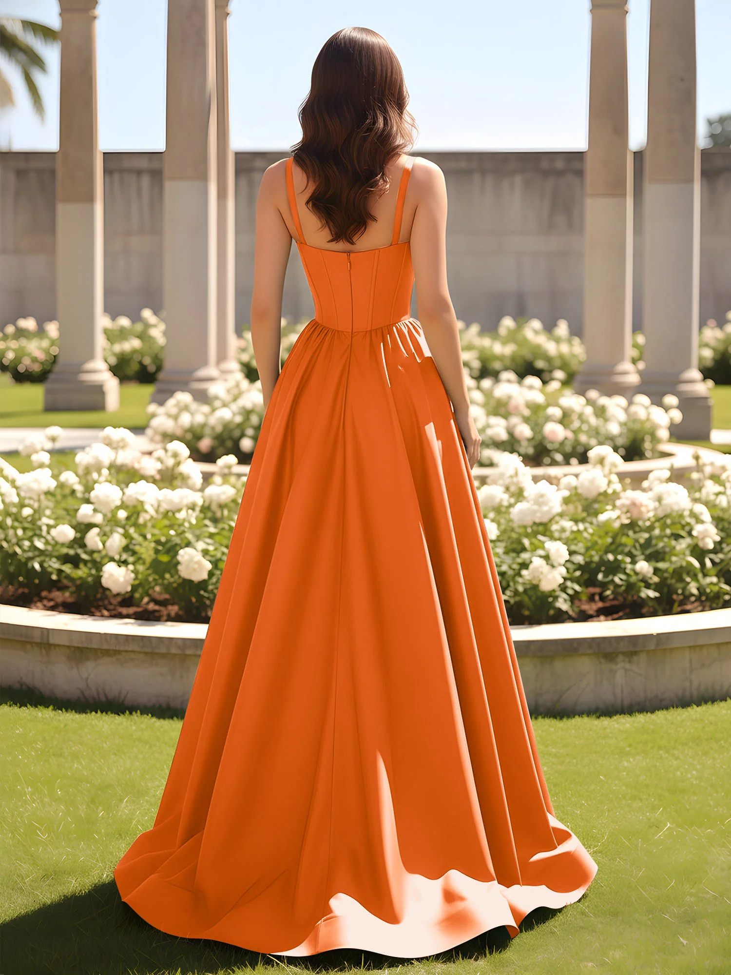 Sweetheart Cutout A-Line Ruched Dress With Slit Orange - Image 2