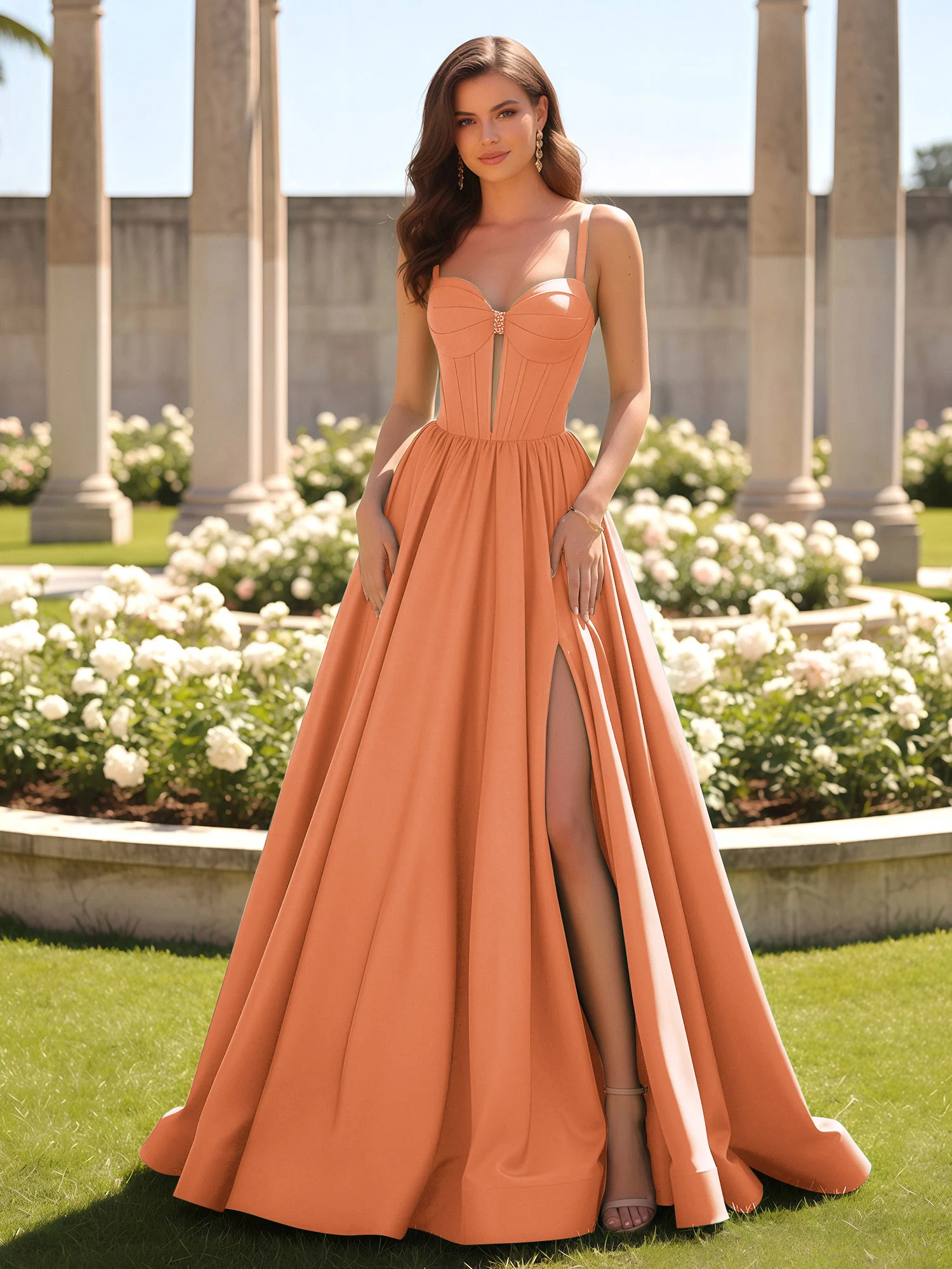 Sweetheart Cutout A-Line Ruched Dress With Slit Papaya