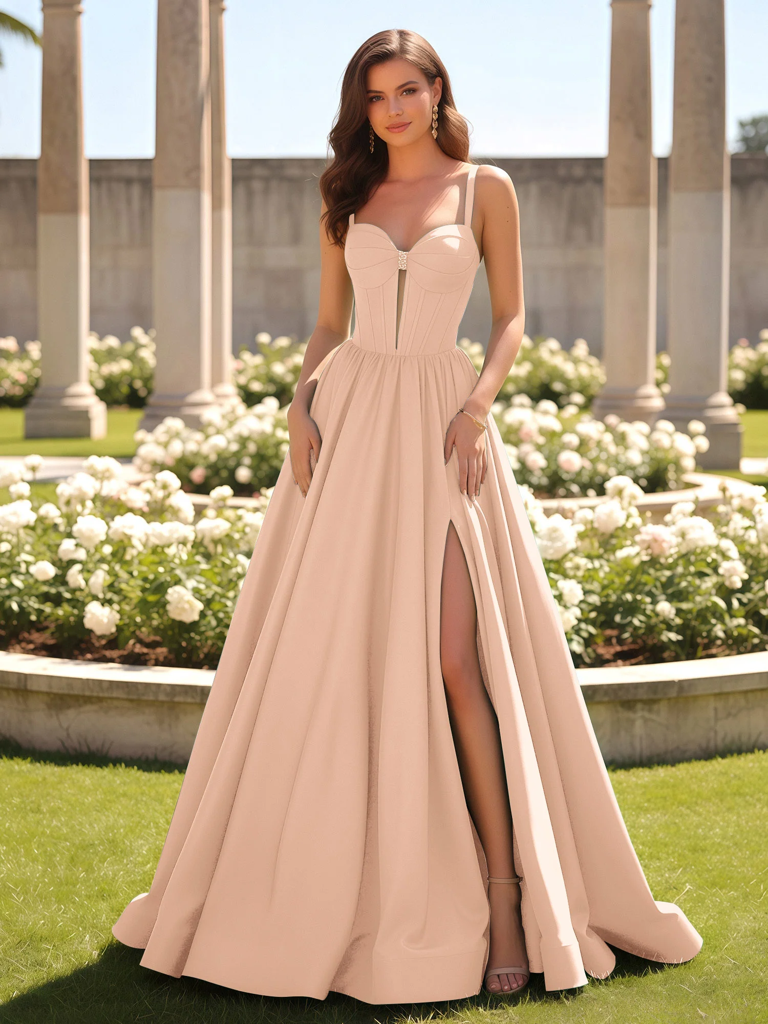Sweetheart Cutout A-Line Ruched Dress With Slit Peach