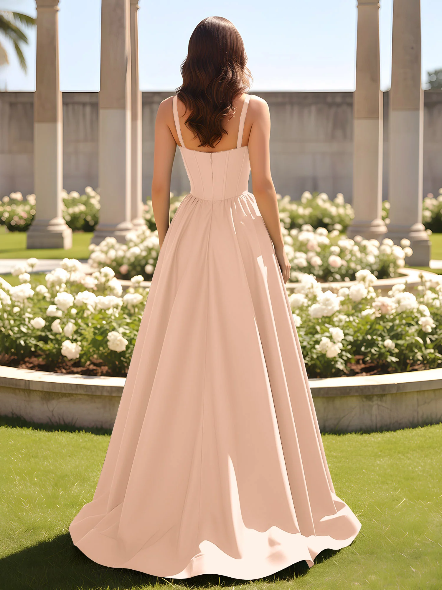 Sweetheart Cutout A-Line Ruched Dress With Slit Peach - Image 2