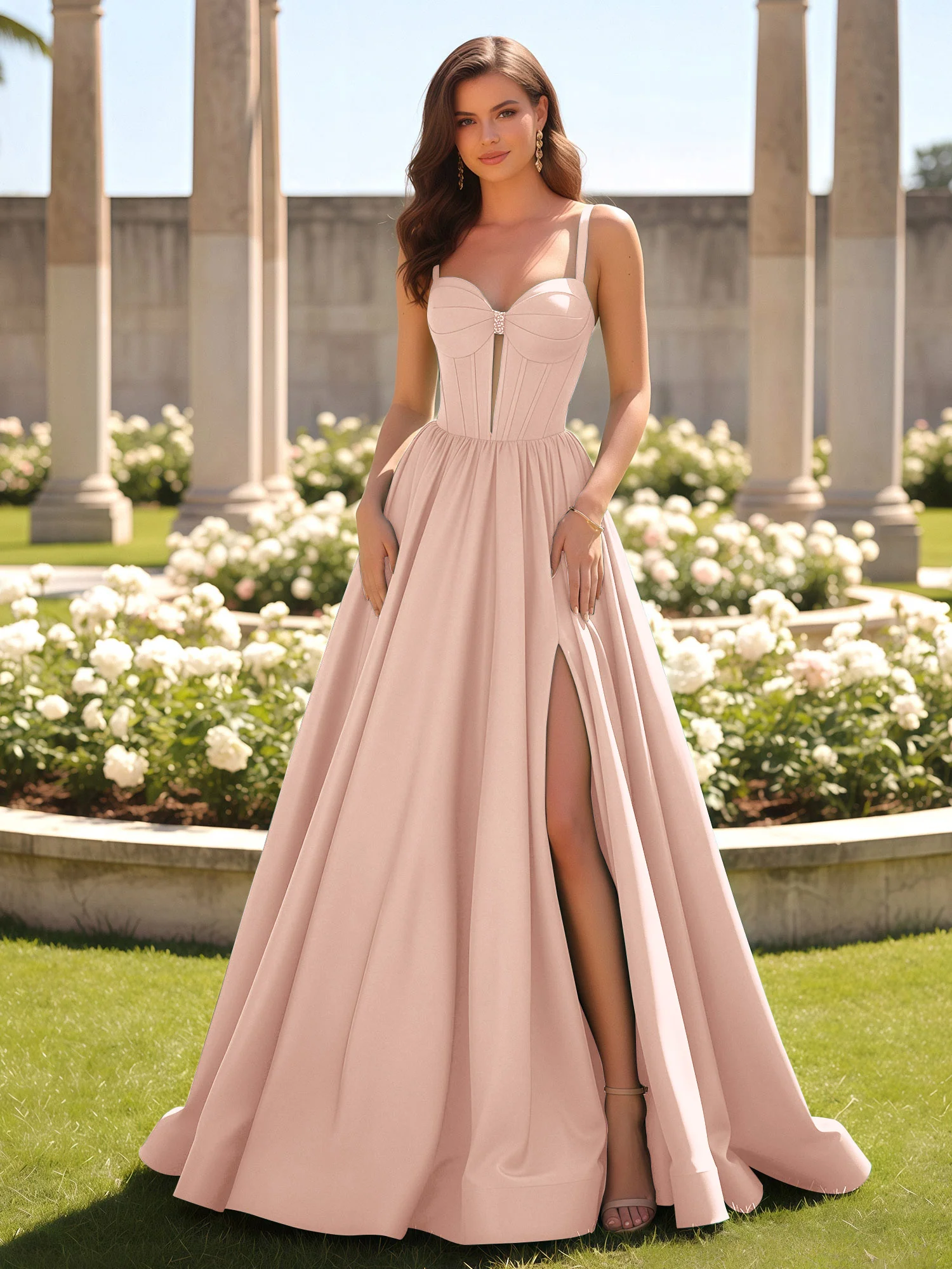 Sweetheart Cutout A-Line Ruched Dress With Slit Pearl Pink