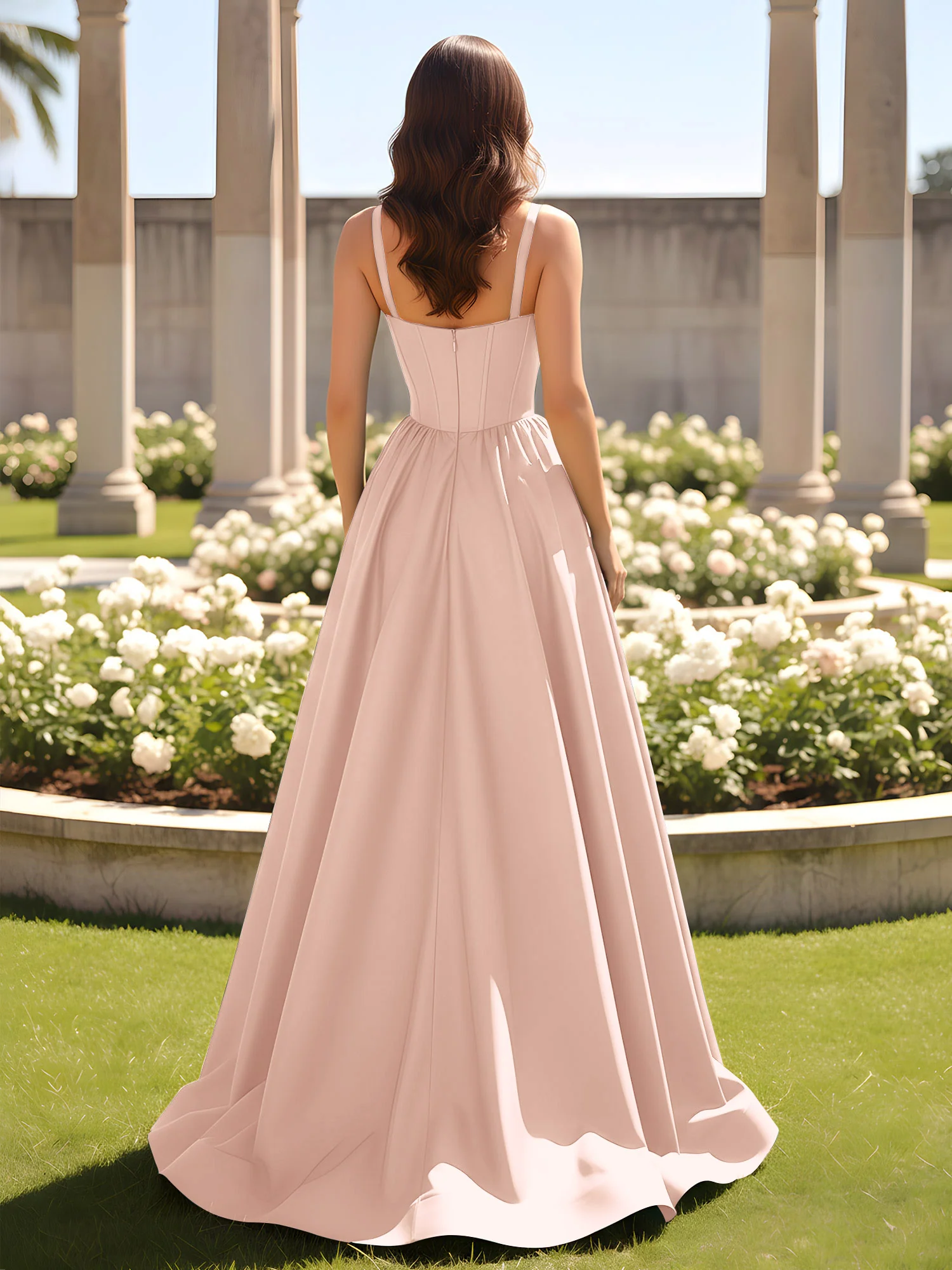 Sweetheart Cutout A-Line Ruched Dress With Slit Pearl Pink - Image 2