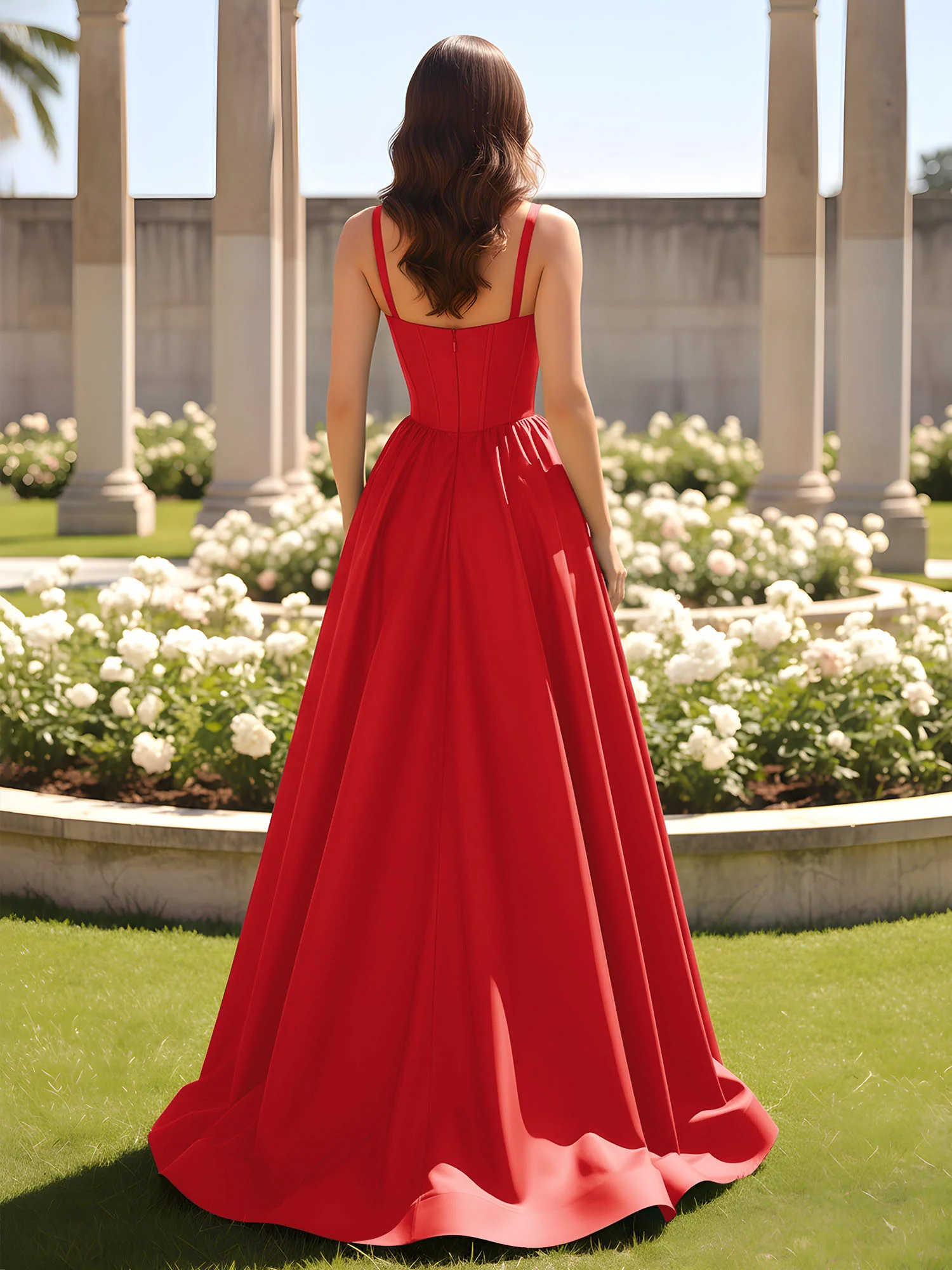 Sweetheart Cutout A-Line Ruched Dress With Slit Red - Image 2