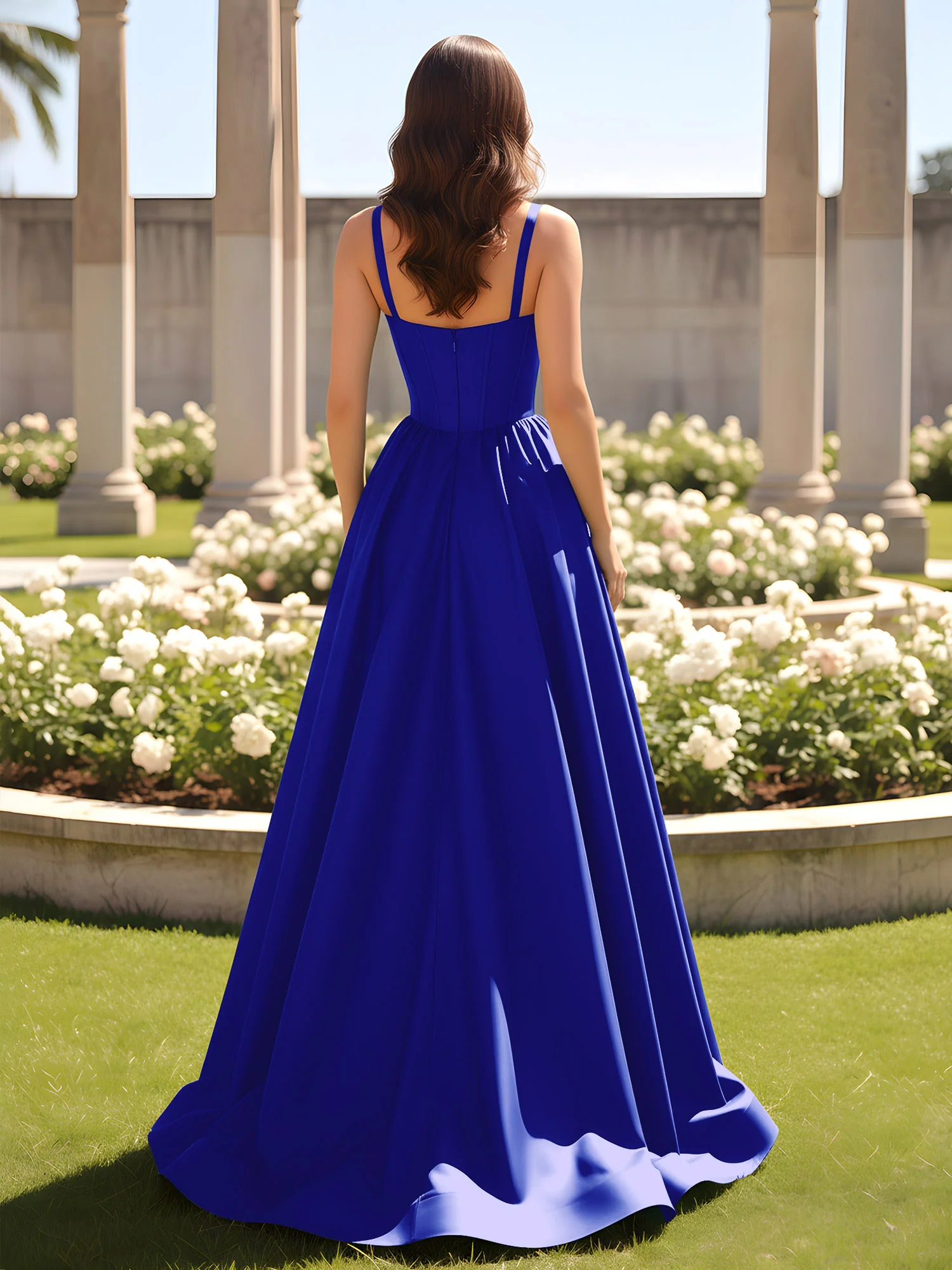 Sweetheart Cutout A-Line Ruched Dress With Slit Royal Blue - Image 2
