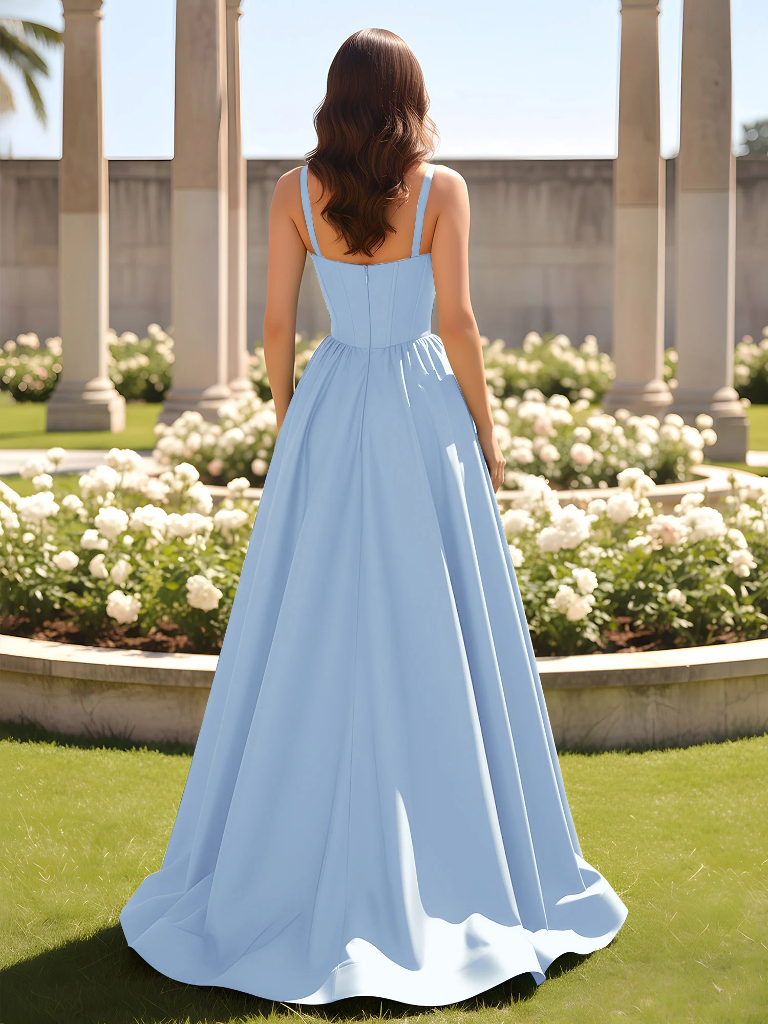 Sweetheart Cutout A-Line Ruched Dress With Slit Sky Blue - Image 2