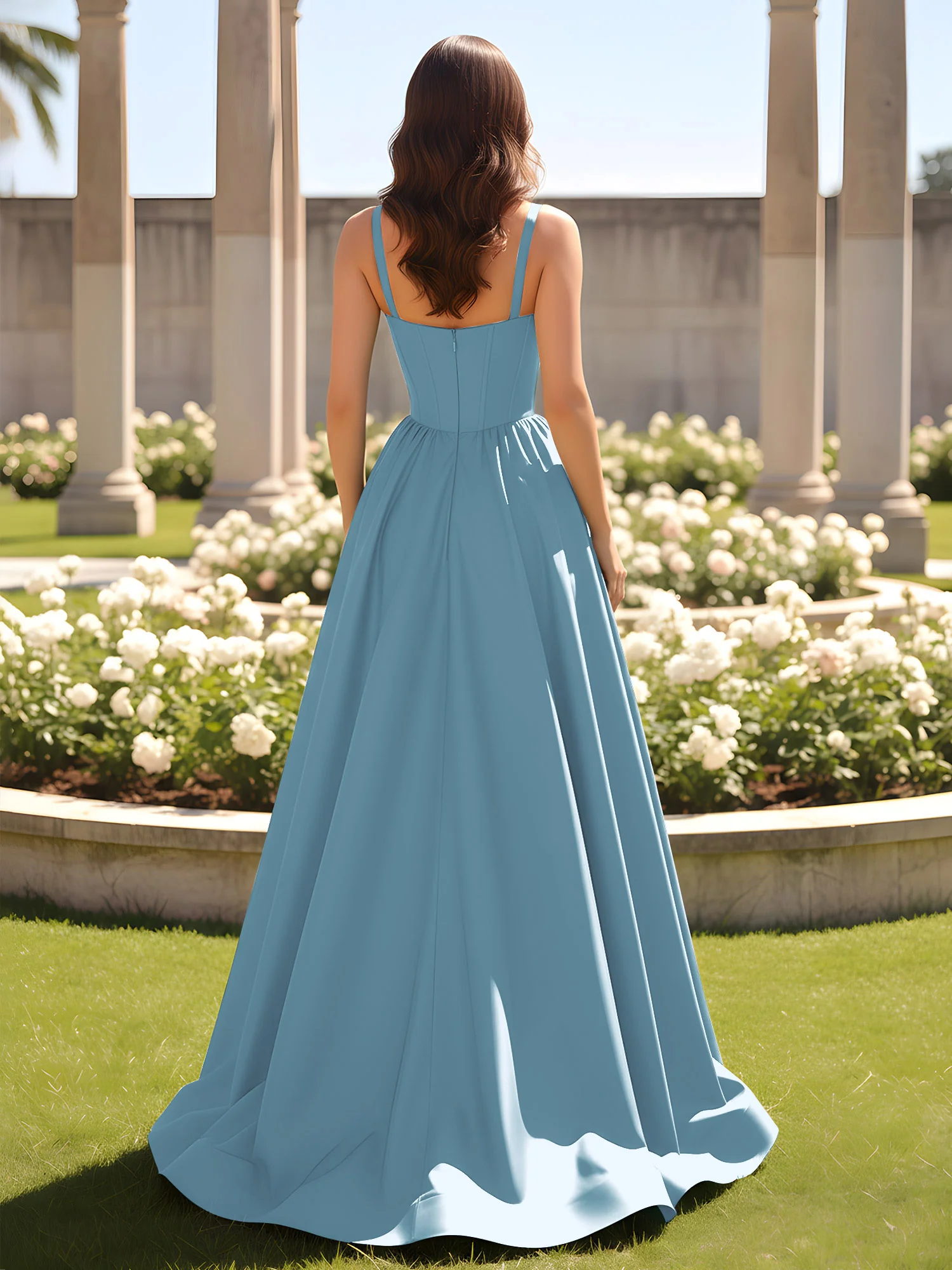 Sweetheart Cutout A-Line Ruched Dress With Slit Slate Blue - Image 2