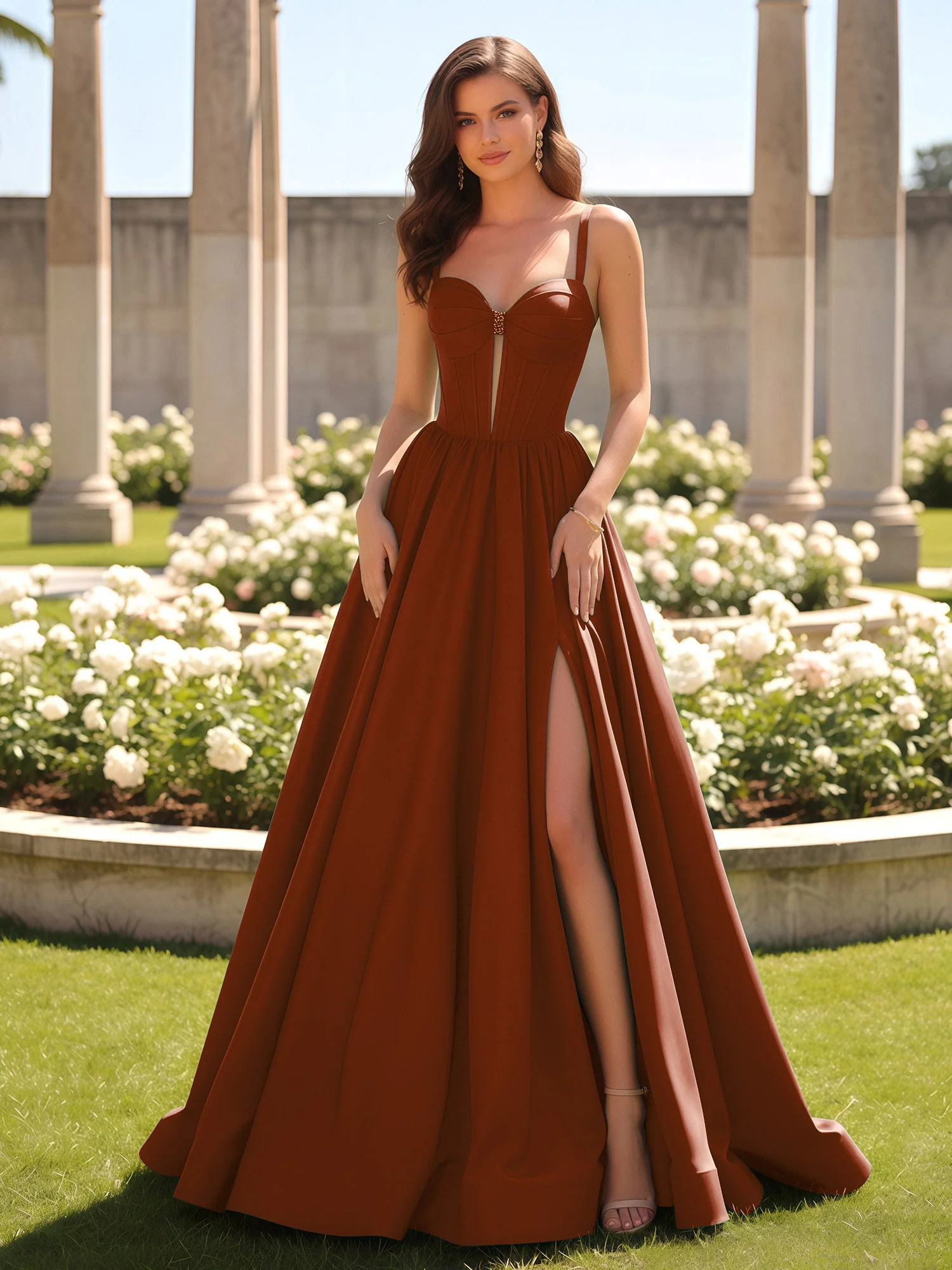 Sweetheart Cutout A-Line Ruched Dress With Slit Terracotta