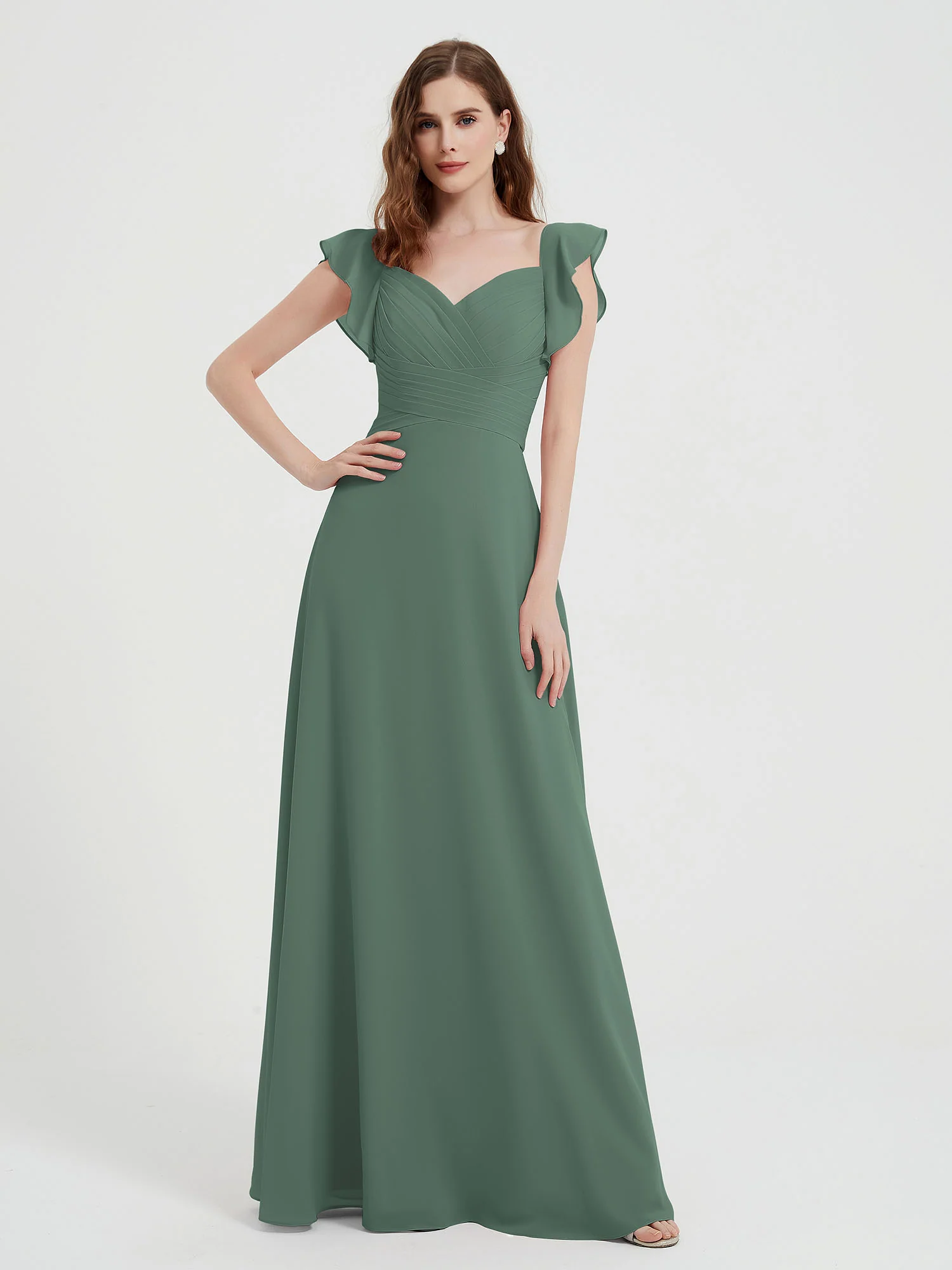Sweetheart Flutter Sleeves Chiffon Dress Eucalyptus