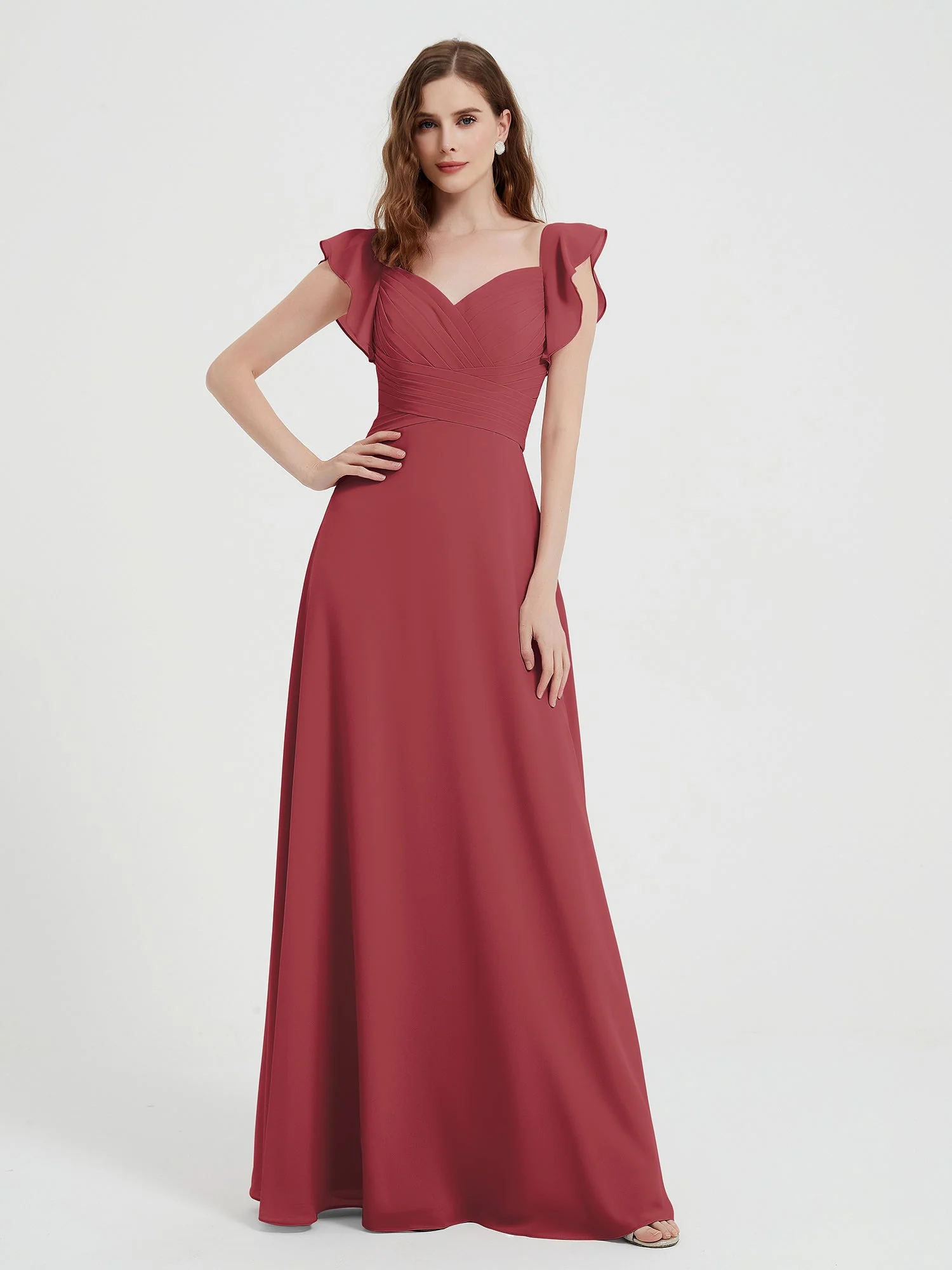 Sweetheart Flutter Sleeves Chiffon Dress Cinnamon Rose