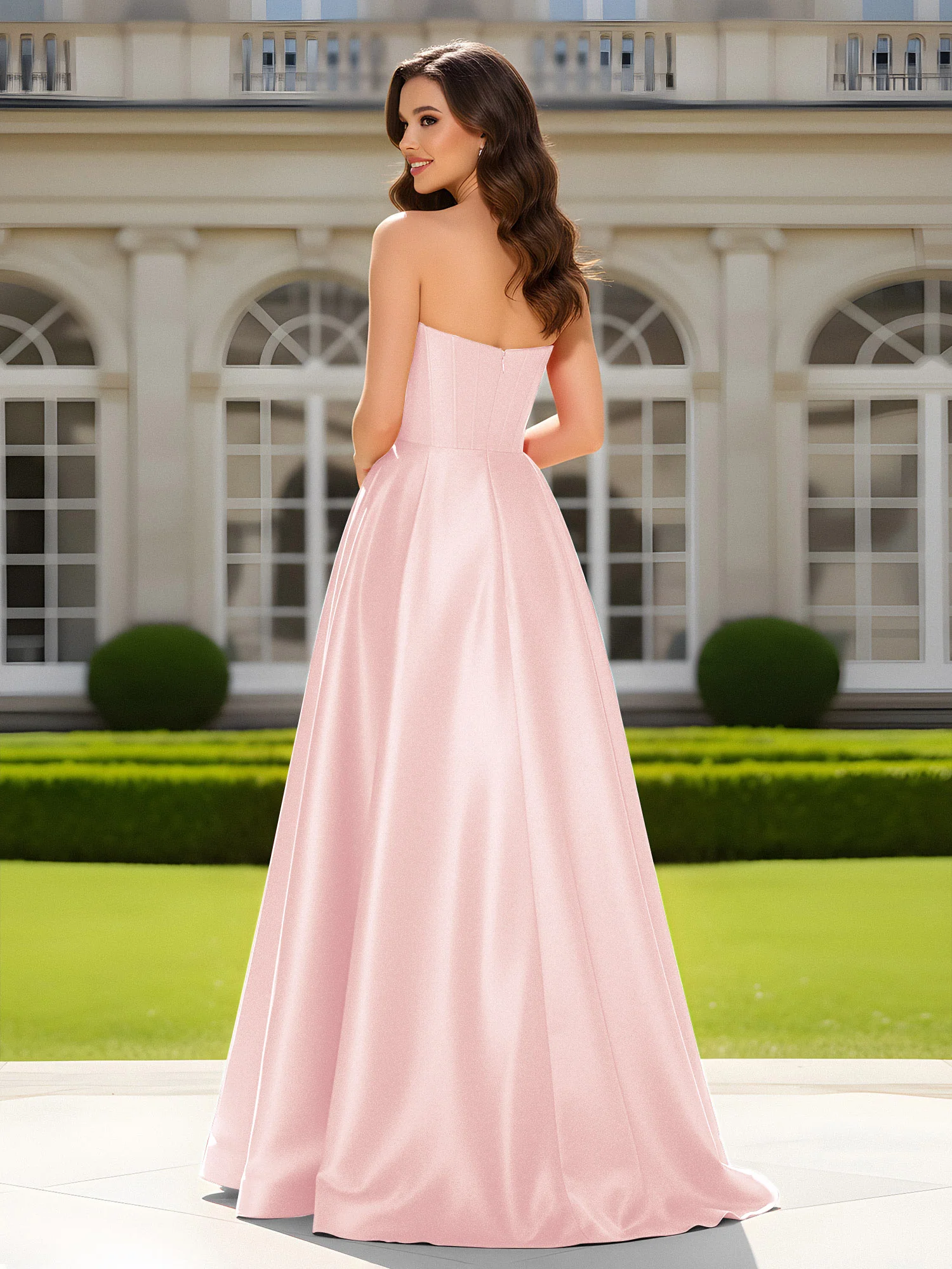 Sweetheart Neck A-Line Satin Maxi Dress With Slit Blushing Pink - Image 2