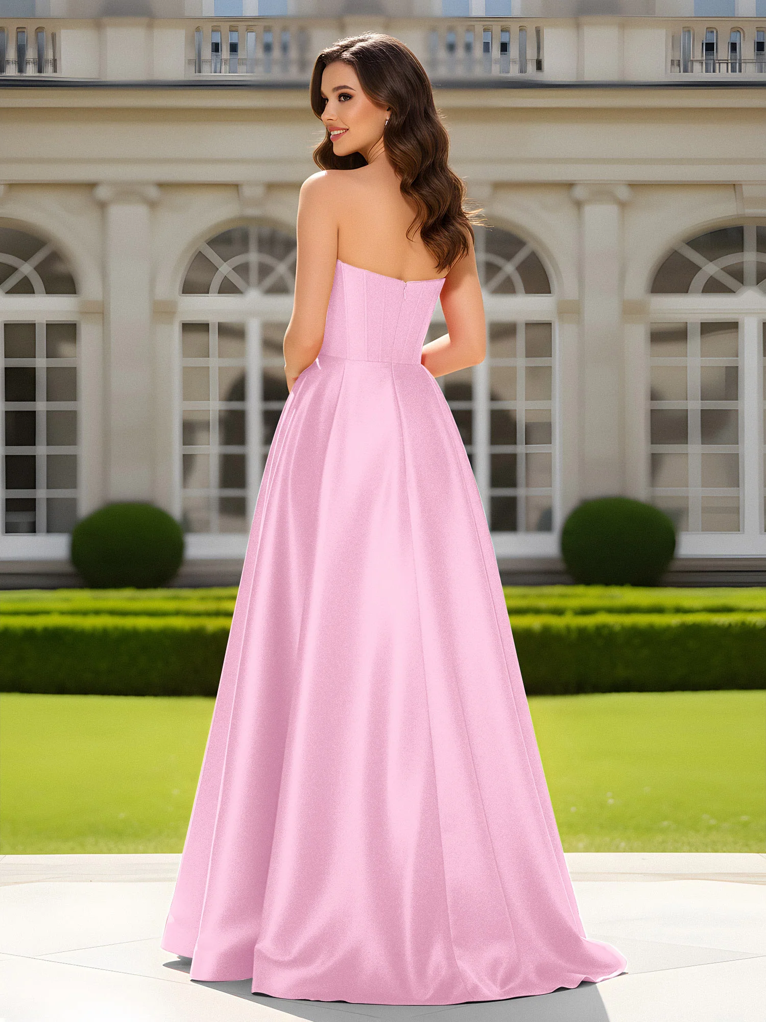 Sweetheart Neck A-Line Satin Maxi Dress With Slit Candy Pink - Image 2