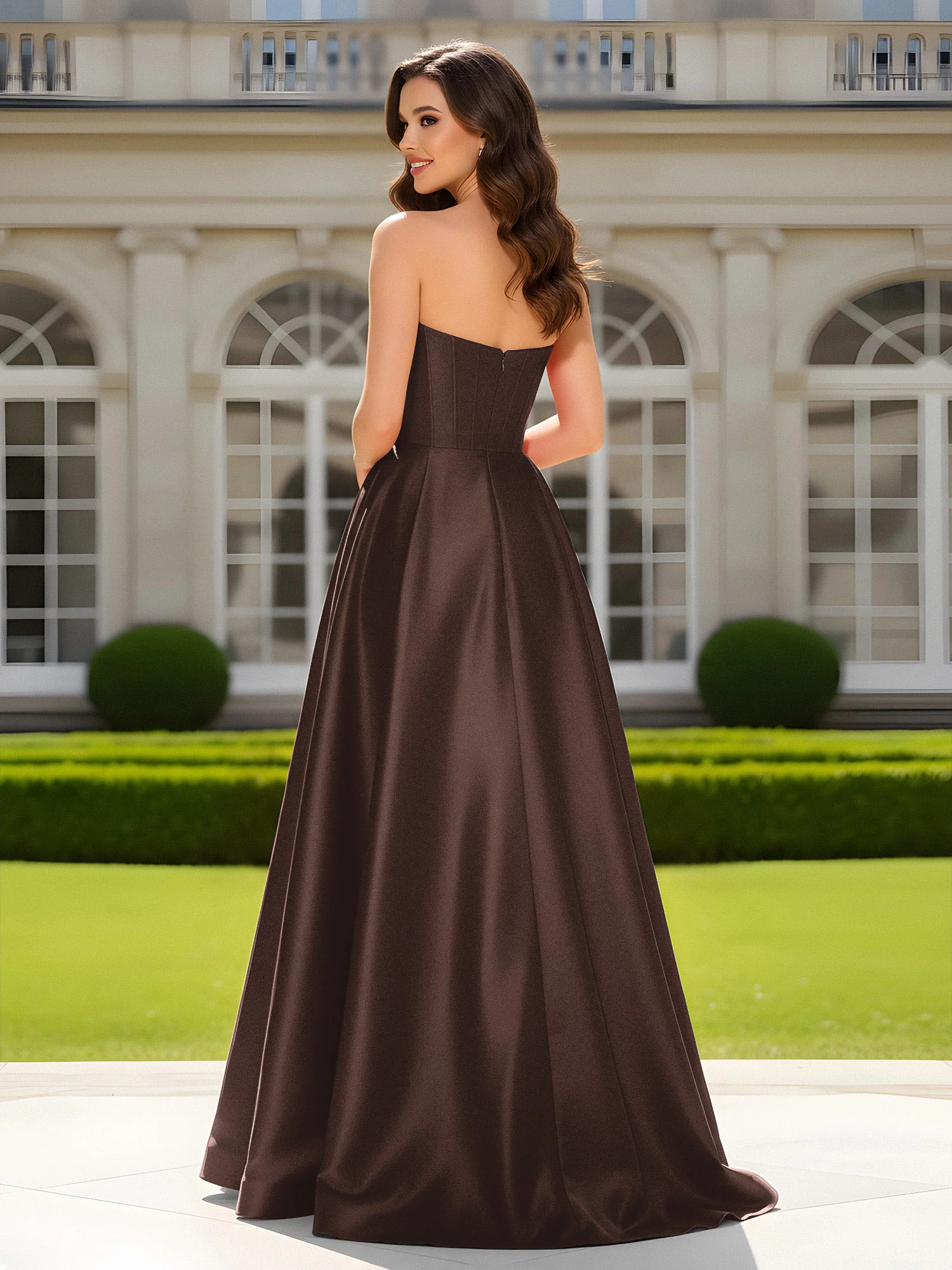 Sweetheart Neck A-Line Satin Maxi Dress With Slit Chocolate - Image 2